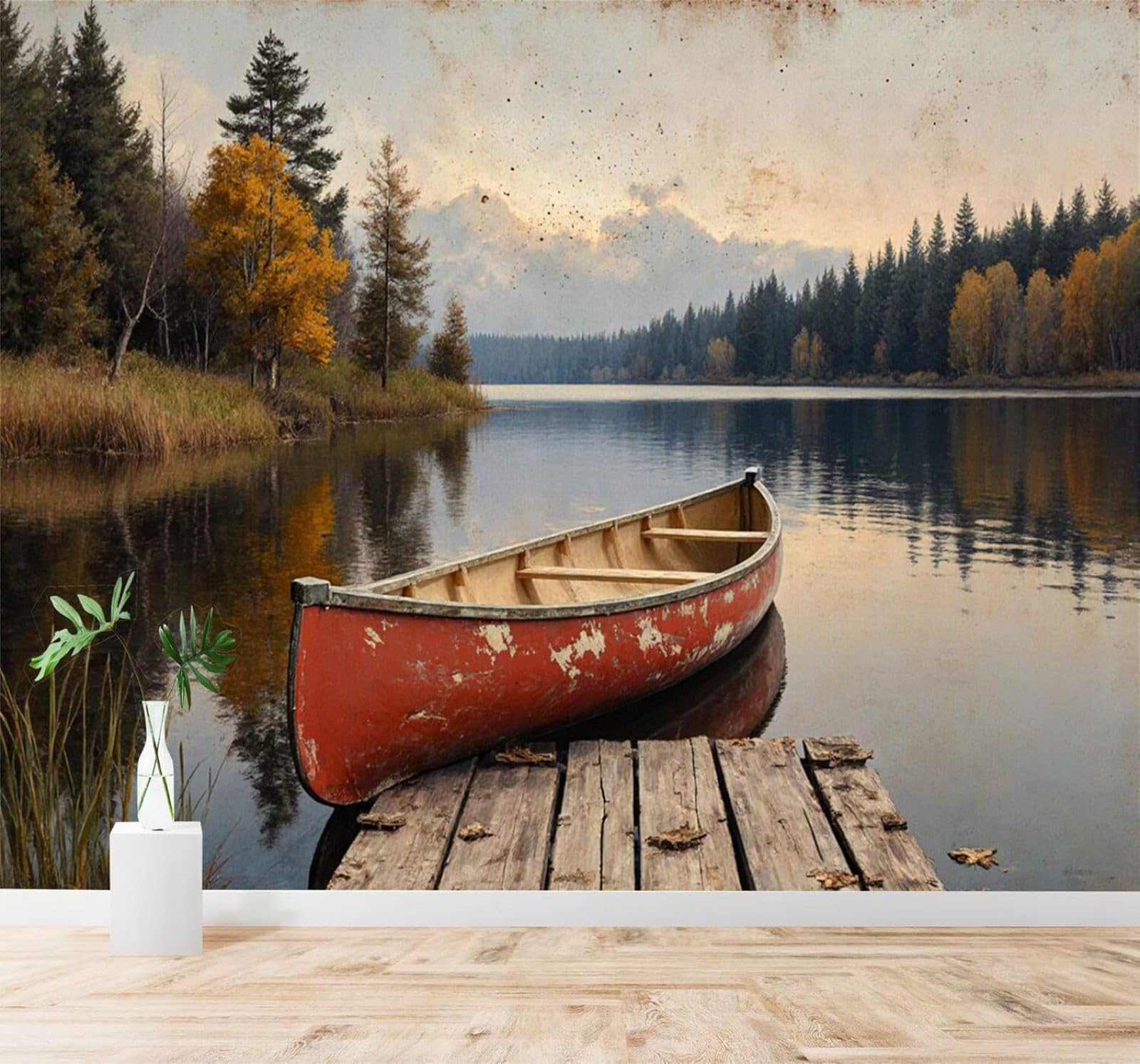 XLMING Canoe Country Lake Autumn Forest Reflection Wooden Jetty 3D Wallpaper Silky Texture Home Study Office Grey Dining Room Sofa Bedroom Living Room TV Backdrop-250cm×170cm