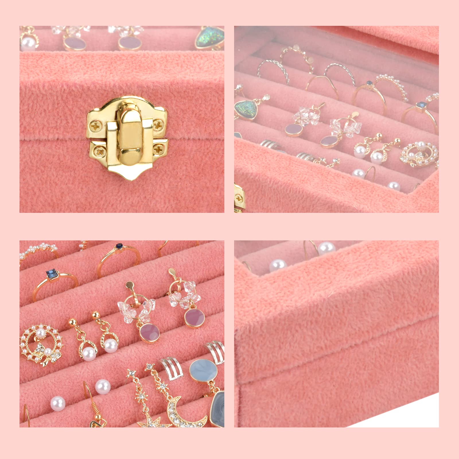 Organizer Per Gioielli In Velluto Rosa Con 9 Griglie E 8 Portagioie In Vetro - Scatola Portagioie Con Coperchio Trasparente, 20x15x5 Cm