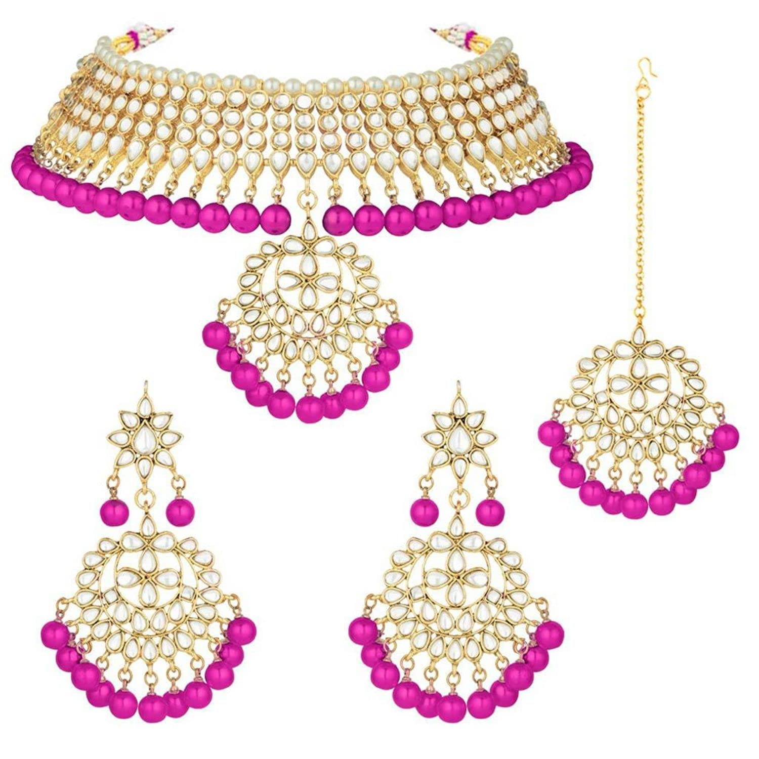 I Jewels Indian Bollywood Gold Plated Kundan & Pearl Choker Necklace Jewelry Set For Women (K7058)