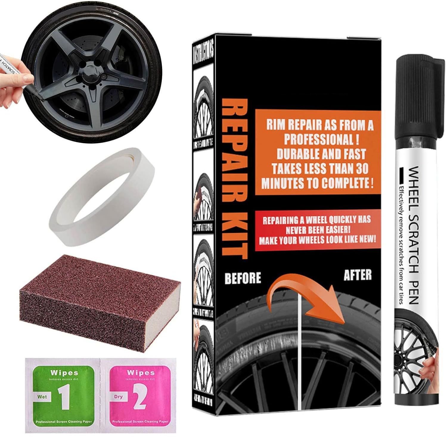 ALLNEWELOOKWheel Scratch Repair Kit, Universal Wheel Touch Up Pen, Dustproof & Waterproof (Black)