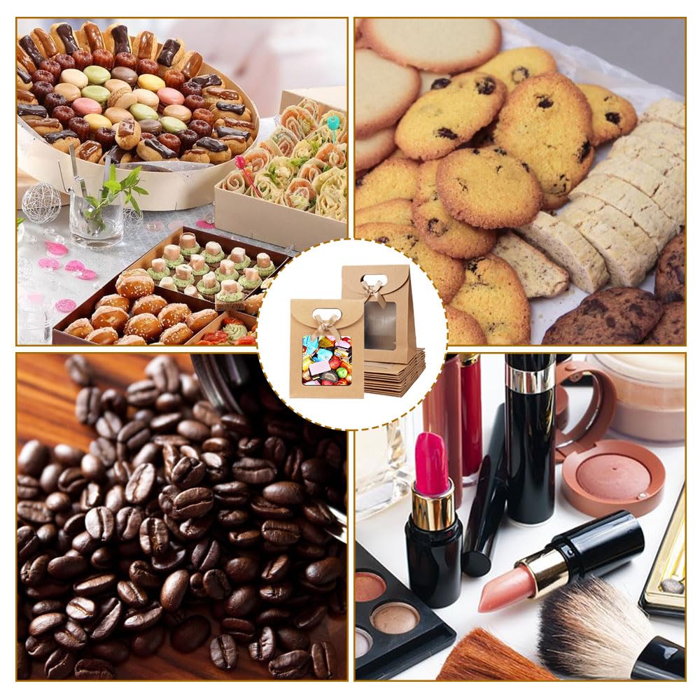 12 Sacchetti Regalo In Carta Kraft Con Finestra - Con Manici E Fiocco - 16x12x6 Cm - Per Dolci, Biscotti E Piccoli Regali