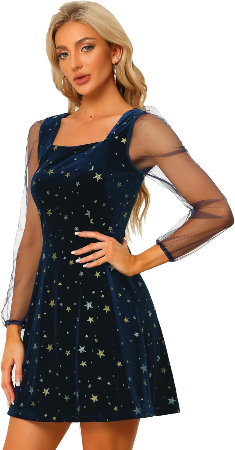 Allegra K Women's Sparkly Glitter Velvet Mesh Sheer Sleeve Star Metallic Dress