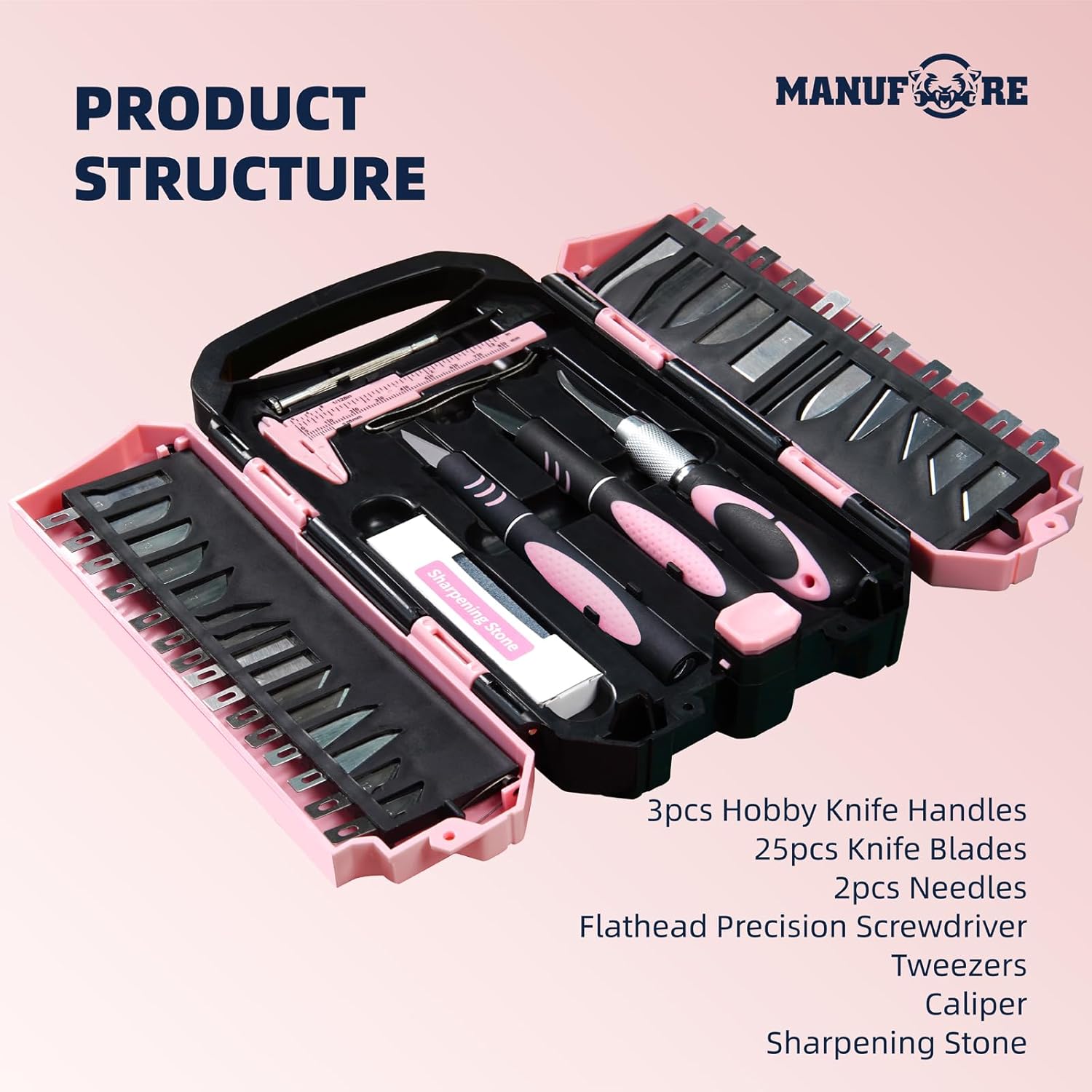 MANUFORE 34pcs Large Exacto Knife Set Pink Deluxe Craft Precision Knife Set Include 3pcs Craft Knives with Anti-Slip Rubber Grip, 25pcs Different Blades, 2pcs Needles, Sharpening Stone, Screwdriver