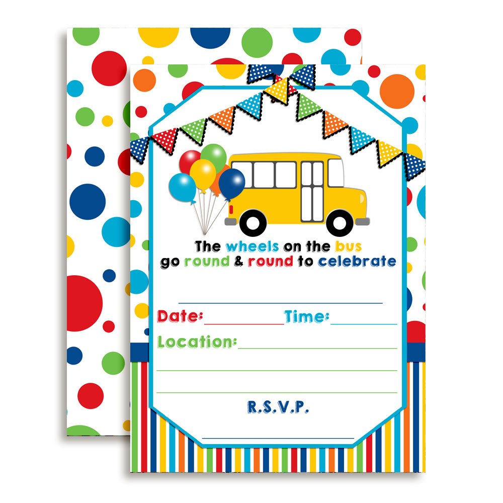 Amazon.com: Wheels on the Bus Themed Birthday Party Fill In Invitations set  of 20 with envelopes : Toys & Games