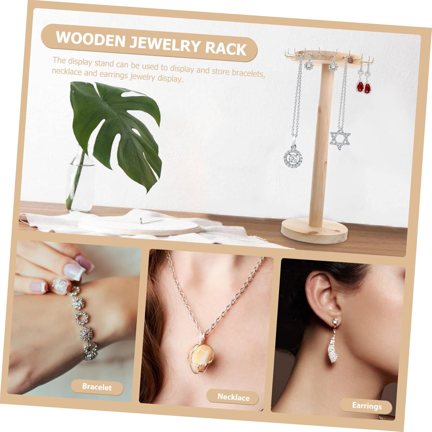 BESPORTBLE Wooden Jewelry Display Stand with Multi Hooks Earring Storage Rack and Necklace Holder Organizer for Vanity Store and Dresser Stylish Minimalist Design with Capacity and