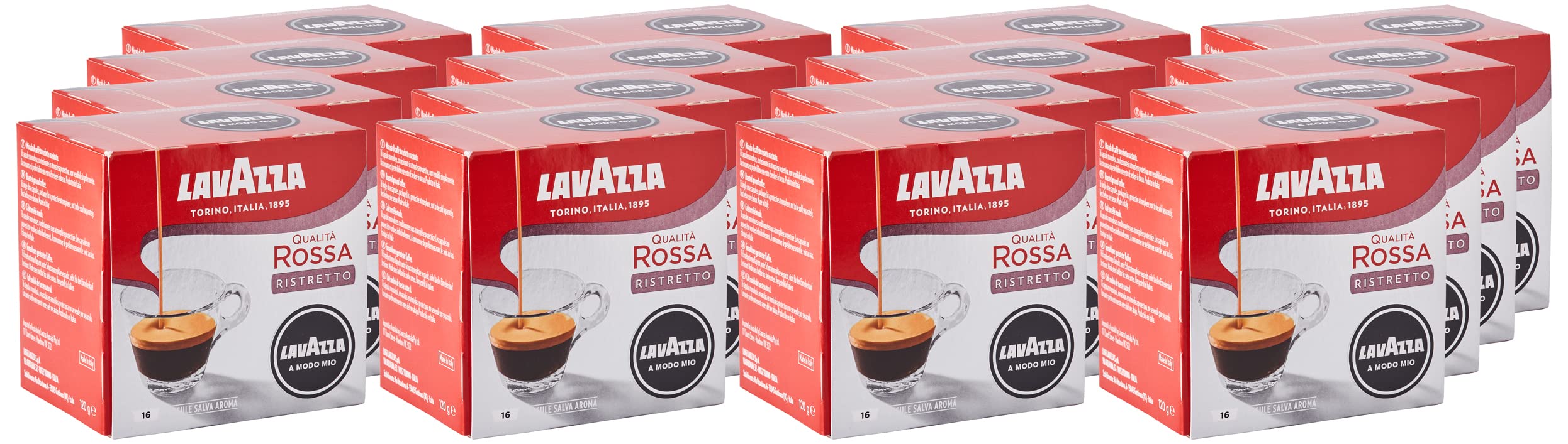 Lavazza, A Modo Mio Qualità Rossa Ristretto, 256 Kaffeekapseln, für einen Espresso mit Noten von Karamell, Arabica und Robusta, Intensität 12/13, schonend geröstet, 16 Packungen x 16 Kapseln