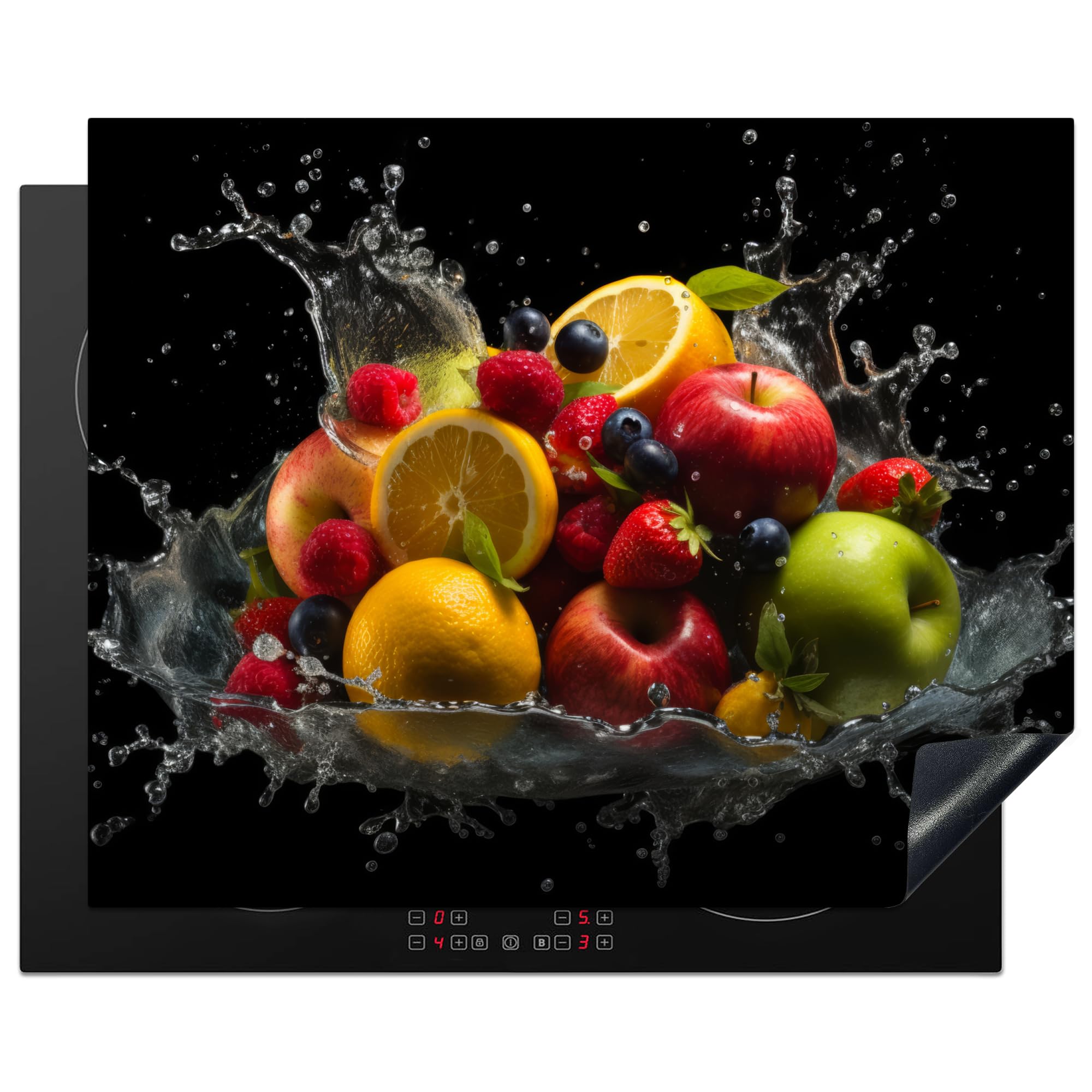 KitchenYeah© Herdabdeckplatte Einteilig Herdabdeckung Abdeckplatte für Ceranfeld Abdeckung Induktionskochfeld Aufrollbare Matte Obst - Apfel - Orange - Rot - Wasser - 65x52 cm