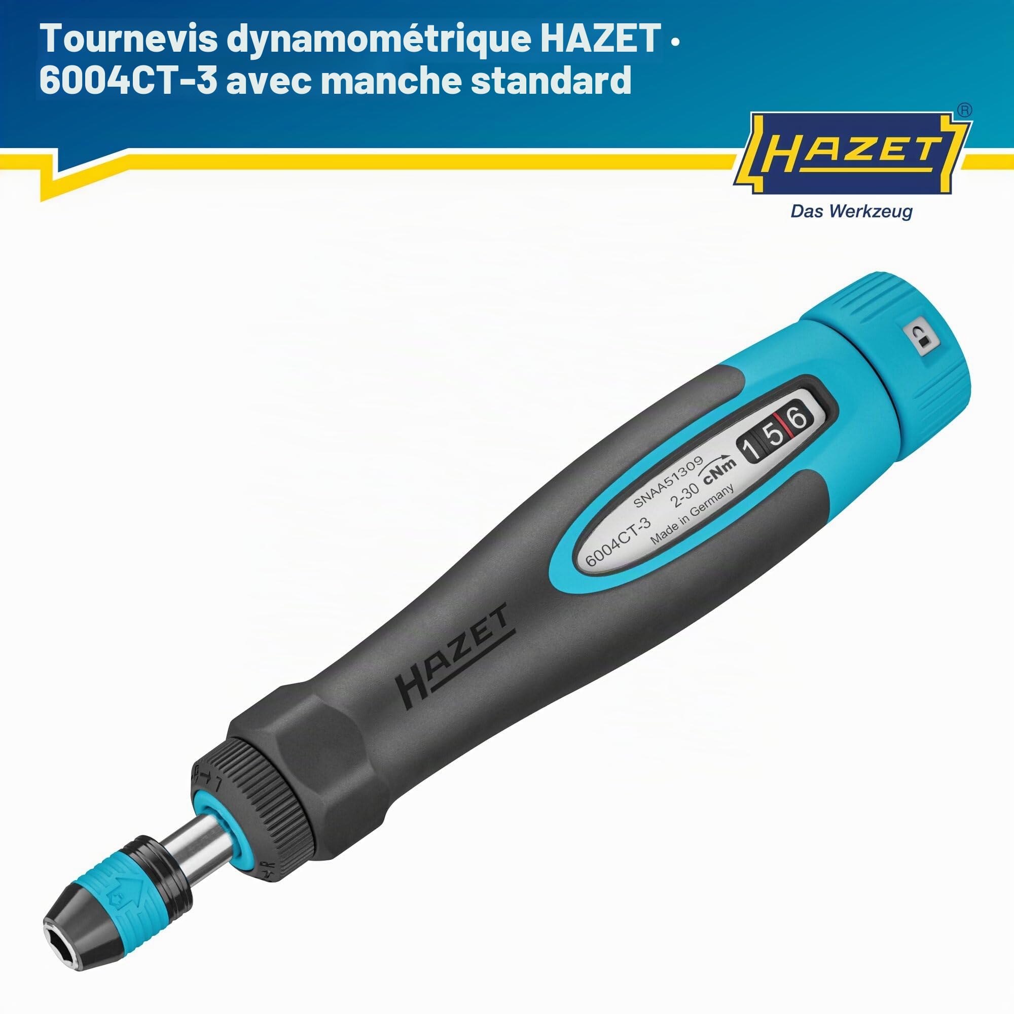 HAZET Tournevis dynamométrique 6004CT-3, 1/4" avec poignée standard, 0,02-0,3 Nm, précision 6%, longueur 196 mm, réversible droite/gauche, mécanisme roue libre'