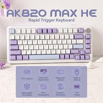 MechLands AJAZZ AK820 MAX HE Hall Effect Gaming Keyboard Actuation Adjustable 8KHz Polling Rate Wired Rapid Magnetic Keyboard Creamy Gasket RGB Backlight NKRO for Win/Mac White