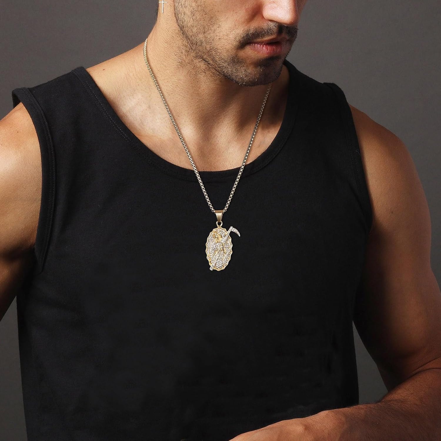 AsAlways Santa Muerte Necklace for Men Stainless Steel Gothic Grim Reaper Saint Death Sickle Skull Pendant Necklace Jewelry Gift - Image 3