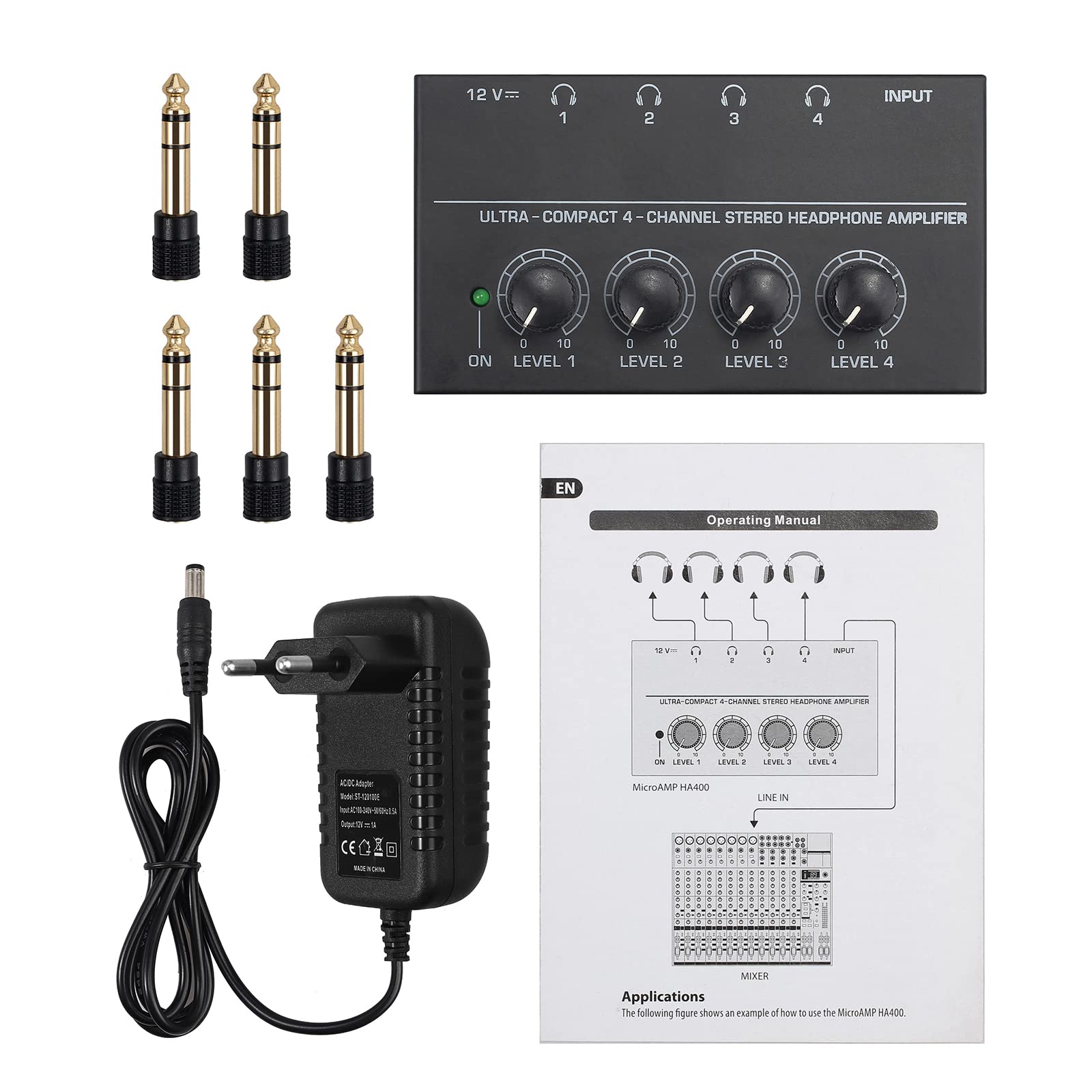 Neoteck Amplificador de Auriculares 4 Canales Ultra-Compacto Estéreo Auricular amp con 5 Piezas de Adaptador 6.35mm (1/4 Inch) a 3.5mm (1/8 Inch) y Adaptador de Energía