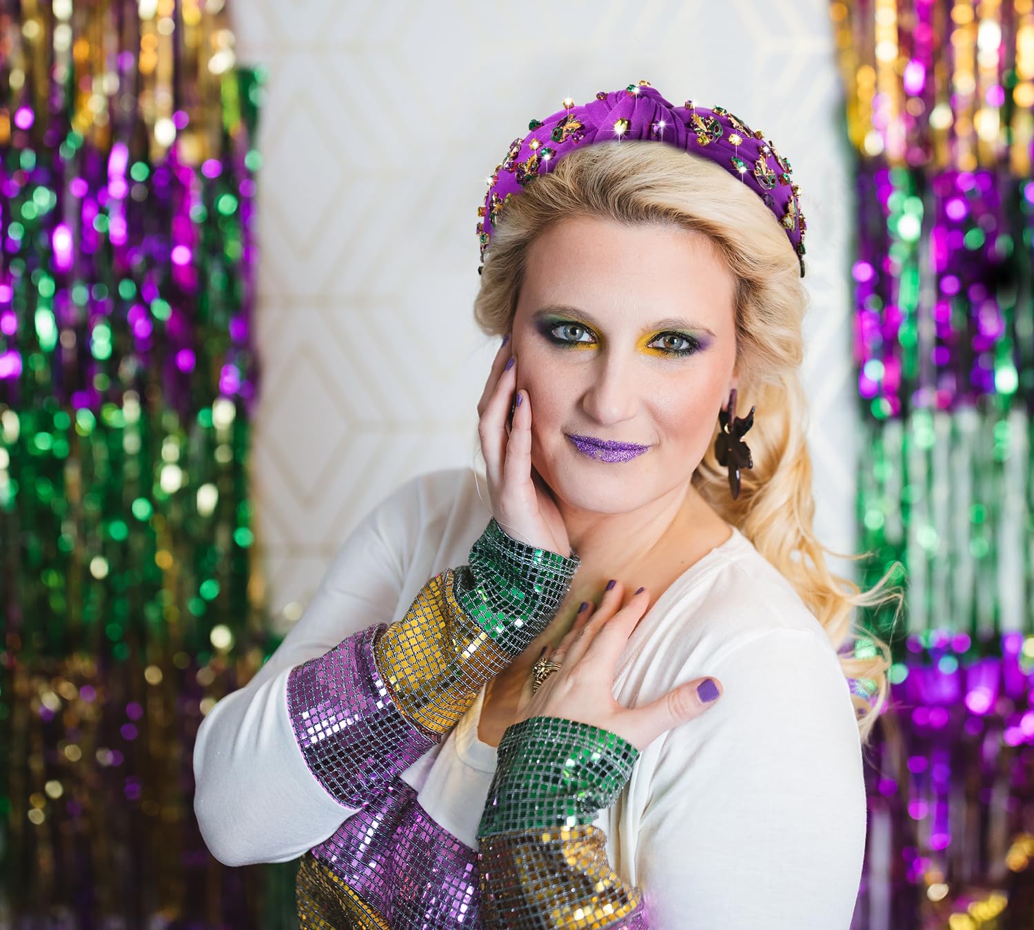 Mardi Gras Headband for Women Fleur De Lis Crown Mask Knotted Headband Purple Jeweled Rhinestone Pearl Wide Top Knot Hairband Carnival Mardi Gras Accessories Fat Tuesday Party Favors (Mask 2 - Purple) - Image 3