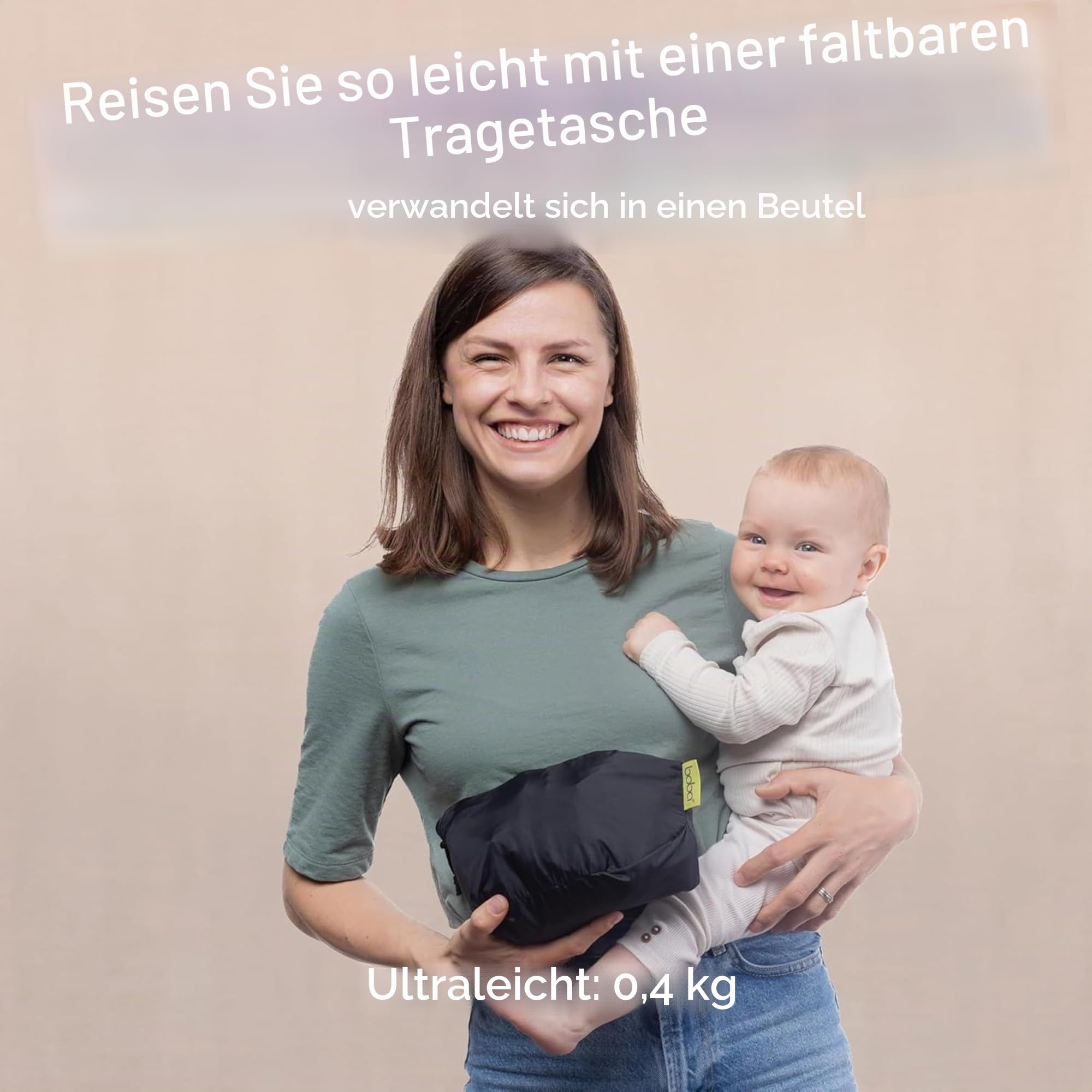 Boba Air Leichte Babytrage & Kleinkindtrage 7-20 kg, Faltbar, Schwarz | Faltbar in die eigene Tasche für Reisen & Wandern, zertifiziert Hüftgesunder Ergonomischer Sitz, Bauch- & Rückentrage.