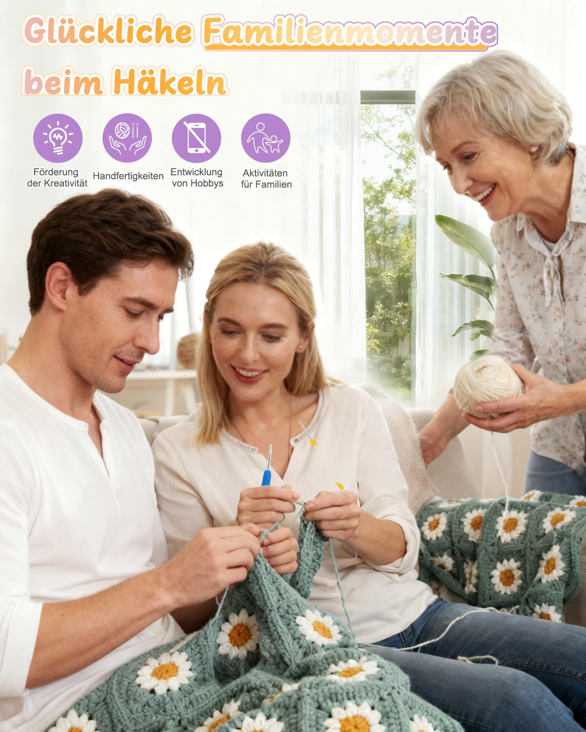 Coopay Kit Crochet Debutant Complet pour Granny Square avec 22 Pelotes de Laine Crochet à Crocheter Couverture à Marguerites, Livret en Français, Vidéo Tutoriel, Cadeau de Crochets Tricot