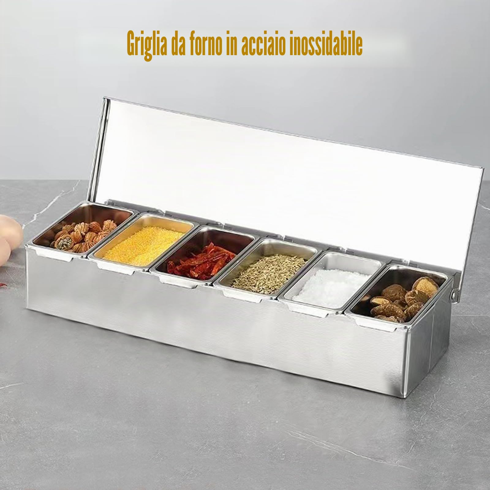 Contenitore per ingredienti di pizza, in acciaio inossidabile, accessori per la gastronomia, 4 griglie, contenitore per spezie, contenitore per barbecue con coperchio, porta-condimenti, bar,