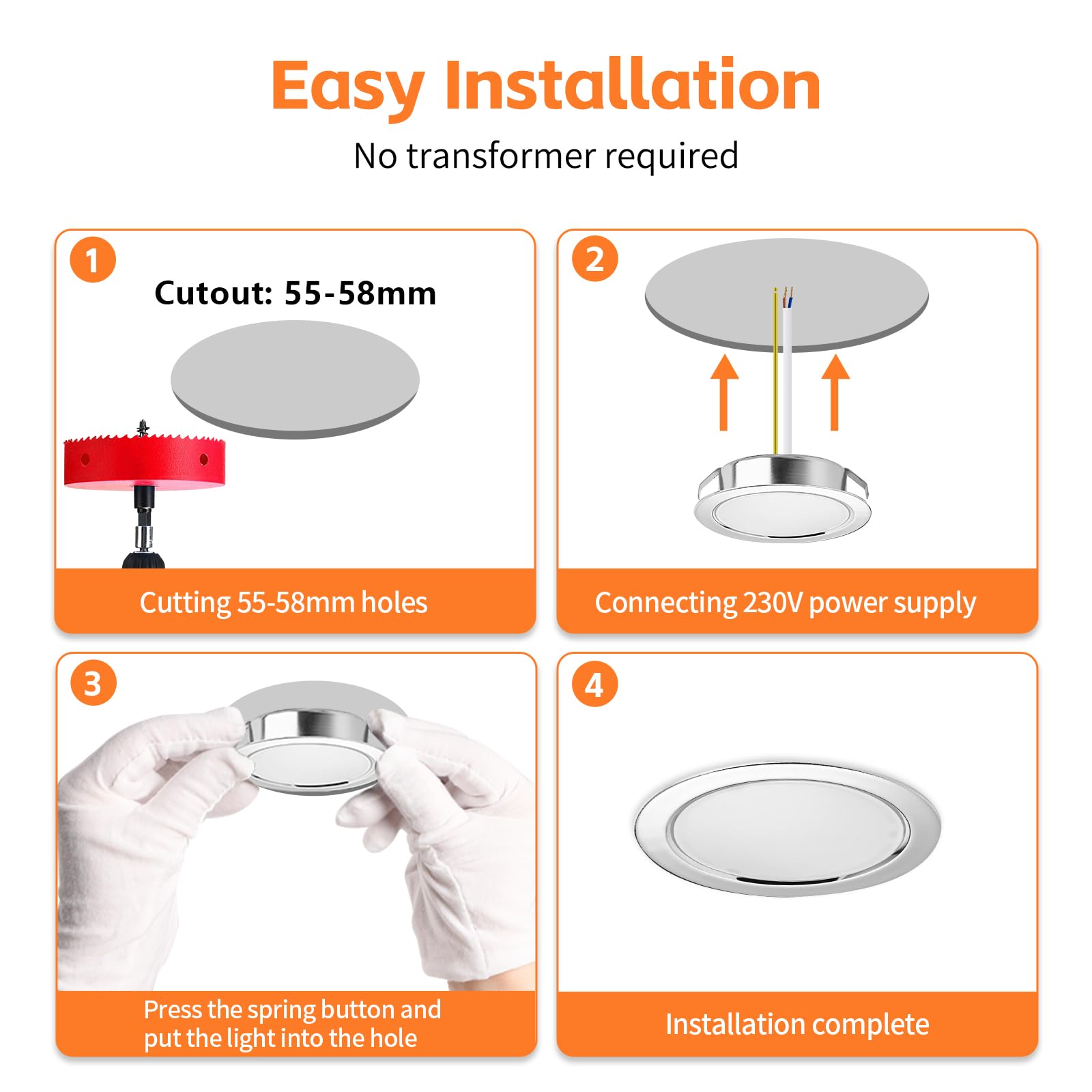 YindaLux Faretto da Incasso LED Set 6 Pezzi, 230V 3W 3000K/4000K/6000K, 15mm Ultrapiatto 300LM Foro 55-58mm, IP44 Soffitto Cromo