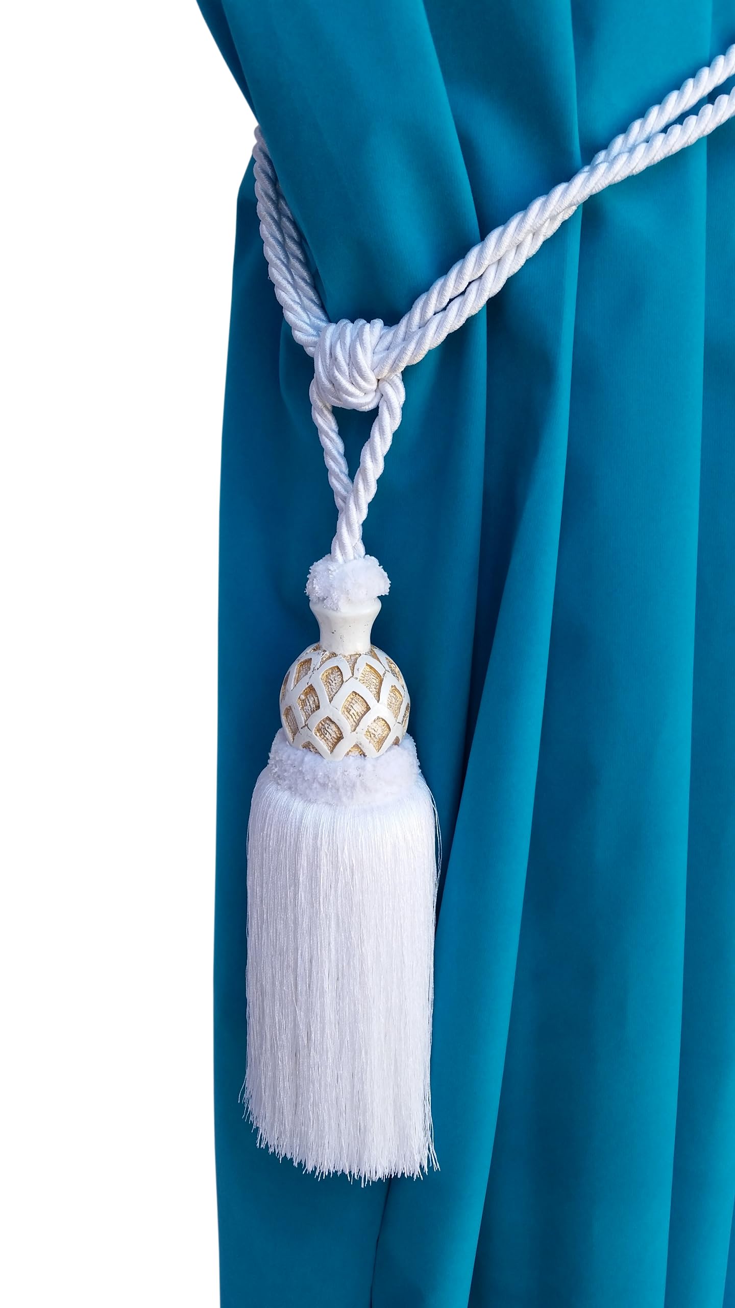 1 Luxury Handmade White Color w/Wood Single Tassel Rope Tie Back Window Treatment Curtain Drapery Vintage Look 2 Spread Cord Holdback Decor Tieback/Pull Back