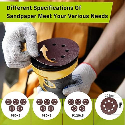 Miniatura 5 de Lijadora orbital de 3.2 A (380 W), 14000 RPM máx. 6 velocidades variables, lijadora orbital aleatoria, herramienta de lijadora de palma de 5