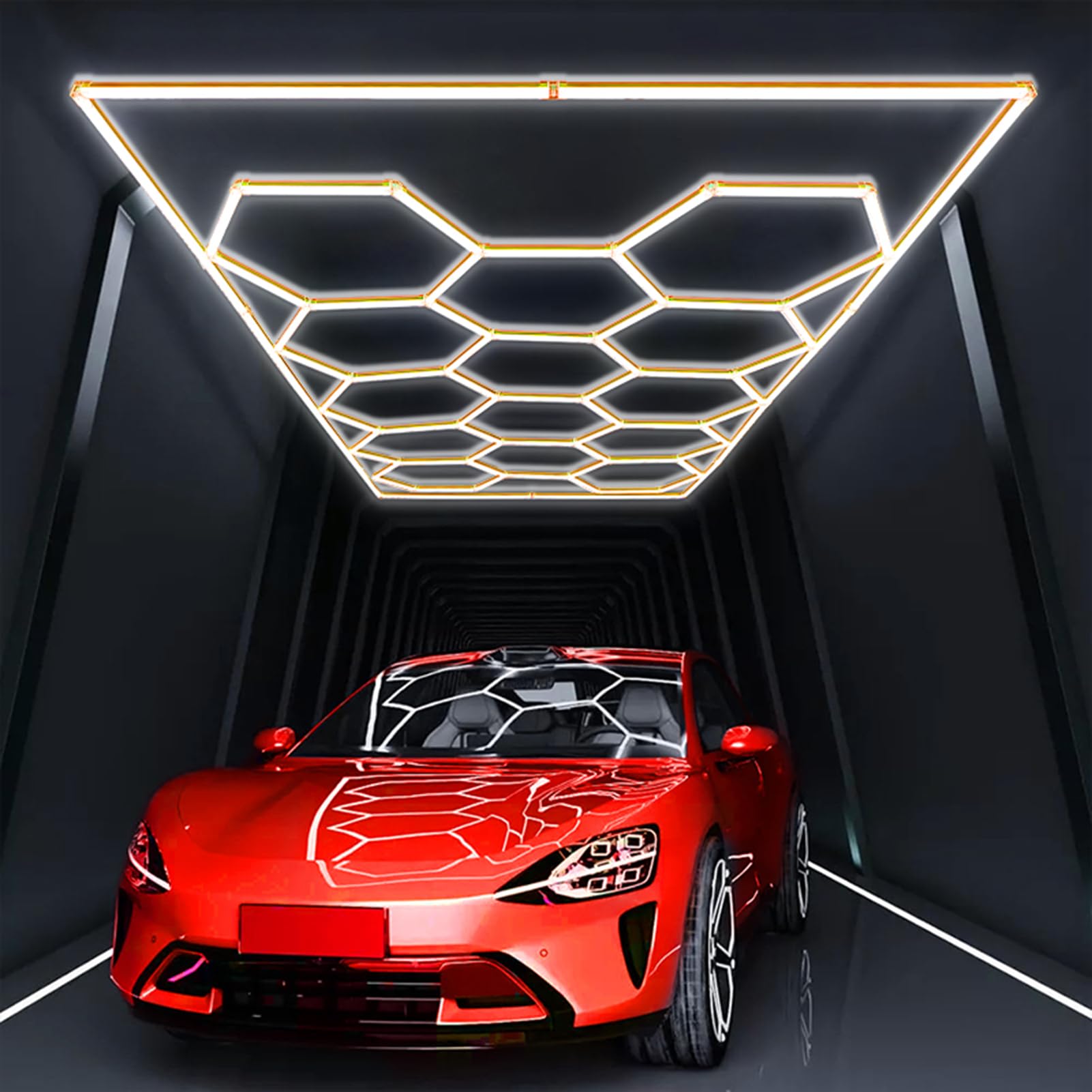 Lampe de garage à LED hexagonale 14 grilles hexagonales 6500K plafonnier LED hexagonal pour exposition de voitures garage magasin salle entrepôt,D