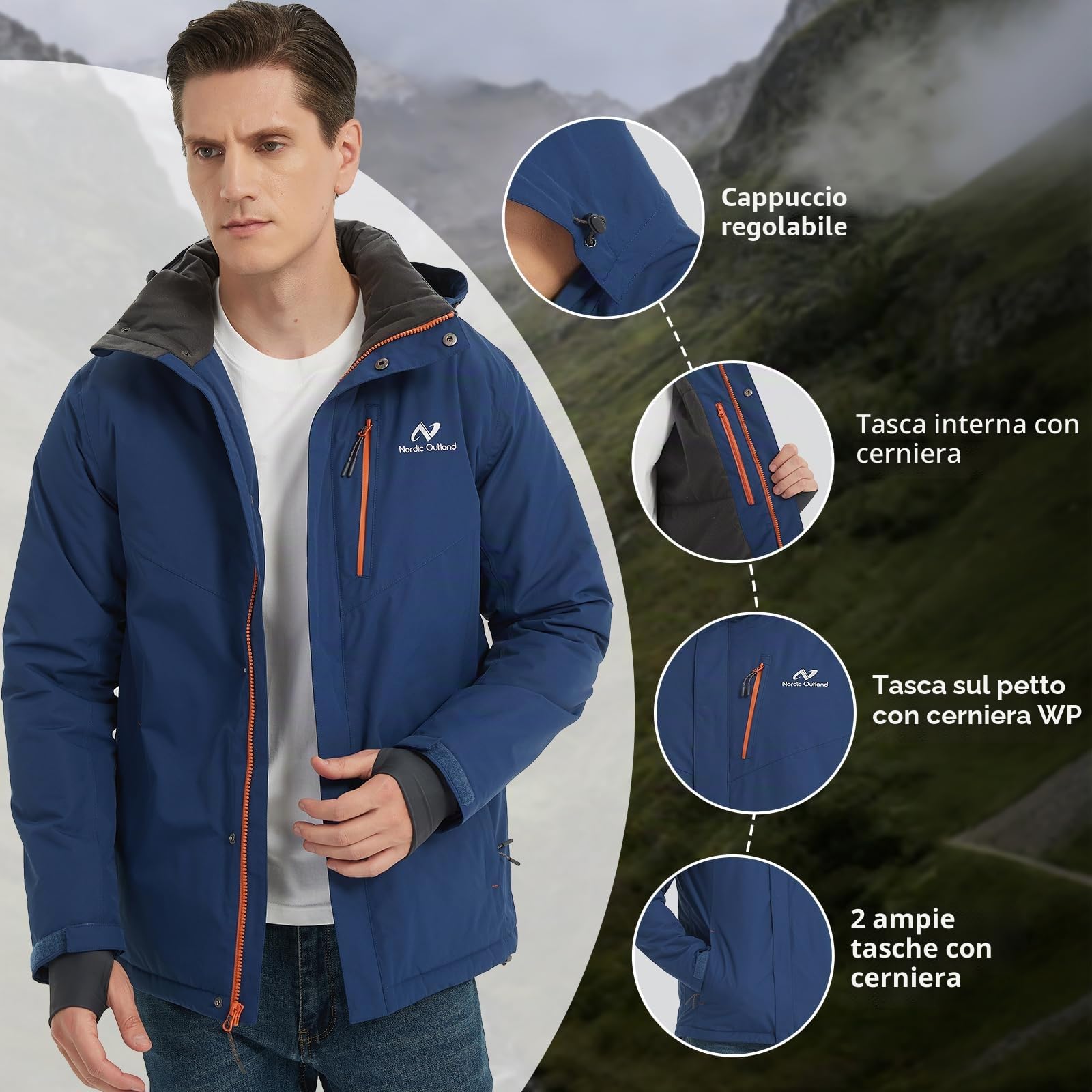 NORDIC OUTLAND Giacca da sci invernale da uomo,Cappotto da neve isolato Waterpoof,Giacca a vento con cappuccio calda antivento