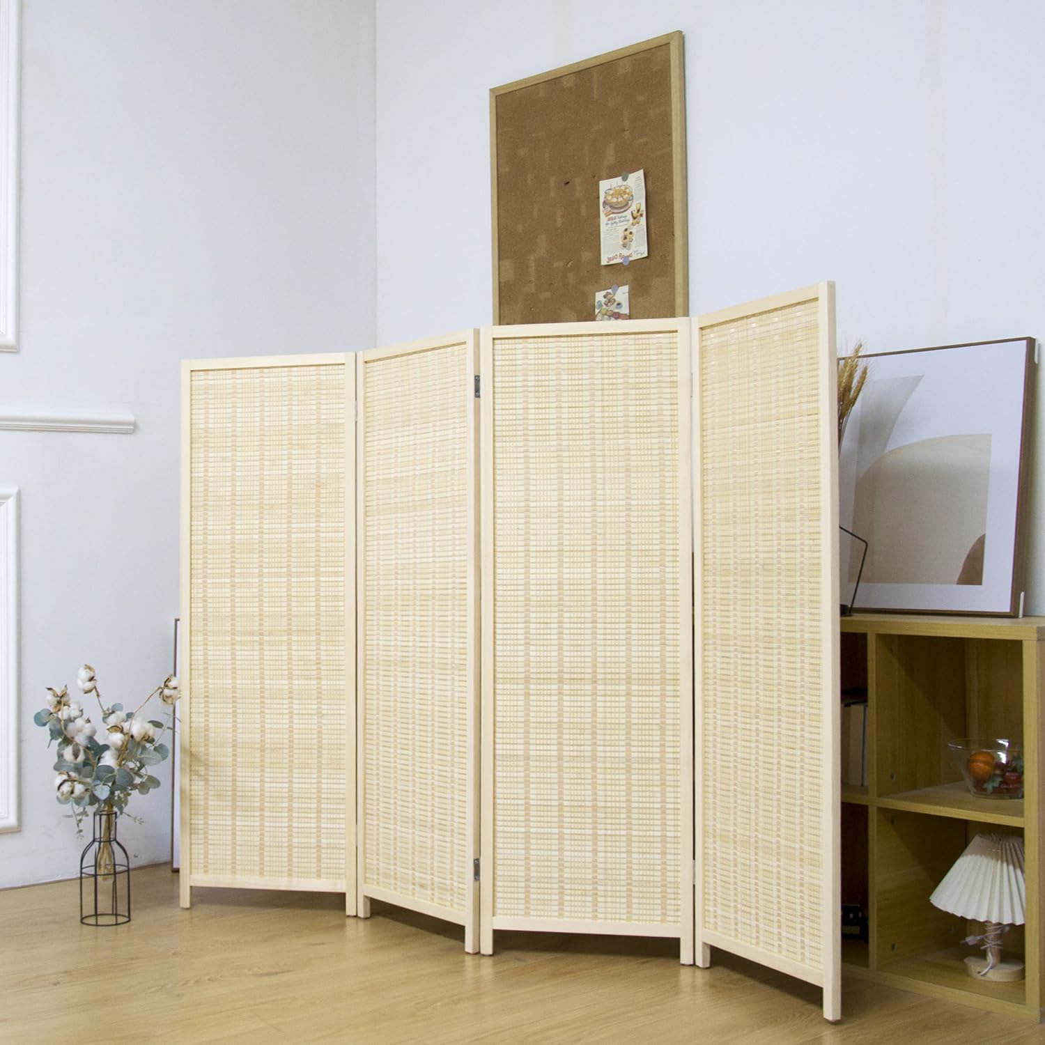 Divisor de 4 paneles cortos de bambú de 3.95 pies de alto, pantalla de privacidad plegable, divisor de panel corto, divisor de habitación independiente para separación de habitación, beige 5