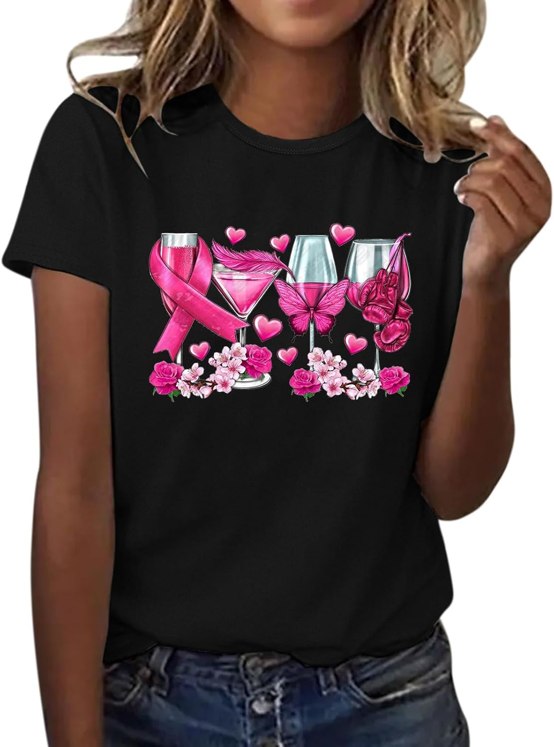 T-Shirts à Manches Courtes Femme Cancer Du Sein Octobre Ruban Rose T-Shirt Col Rond Tops Basique Hauts Casual Lâches Sensibilisation Cancer Du Sein Chemiser Blouse Top 2024 (White, S