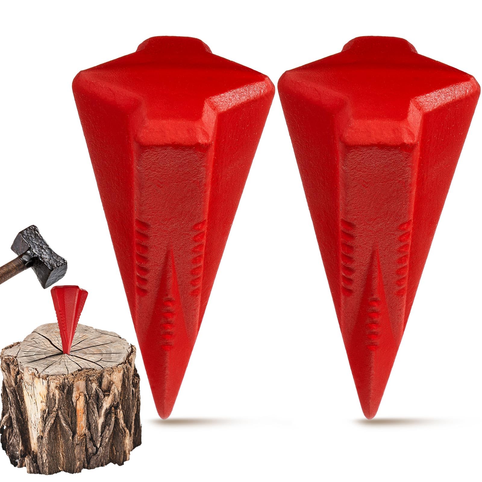 Lot de 2 cales de fendage manuel de 1,8 kg en acier forgé 4 directions pour fendre facilement le bois de chauffage en 4 pièces avec moins d'effort (rouge)