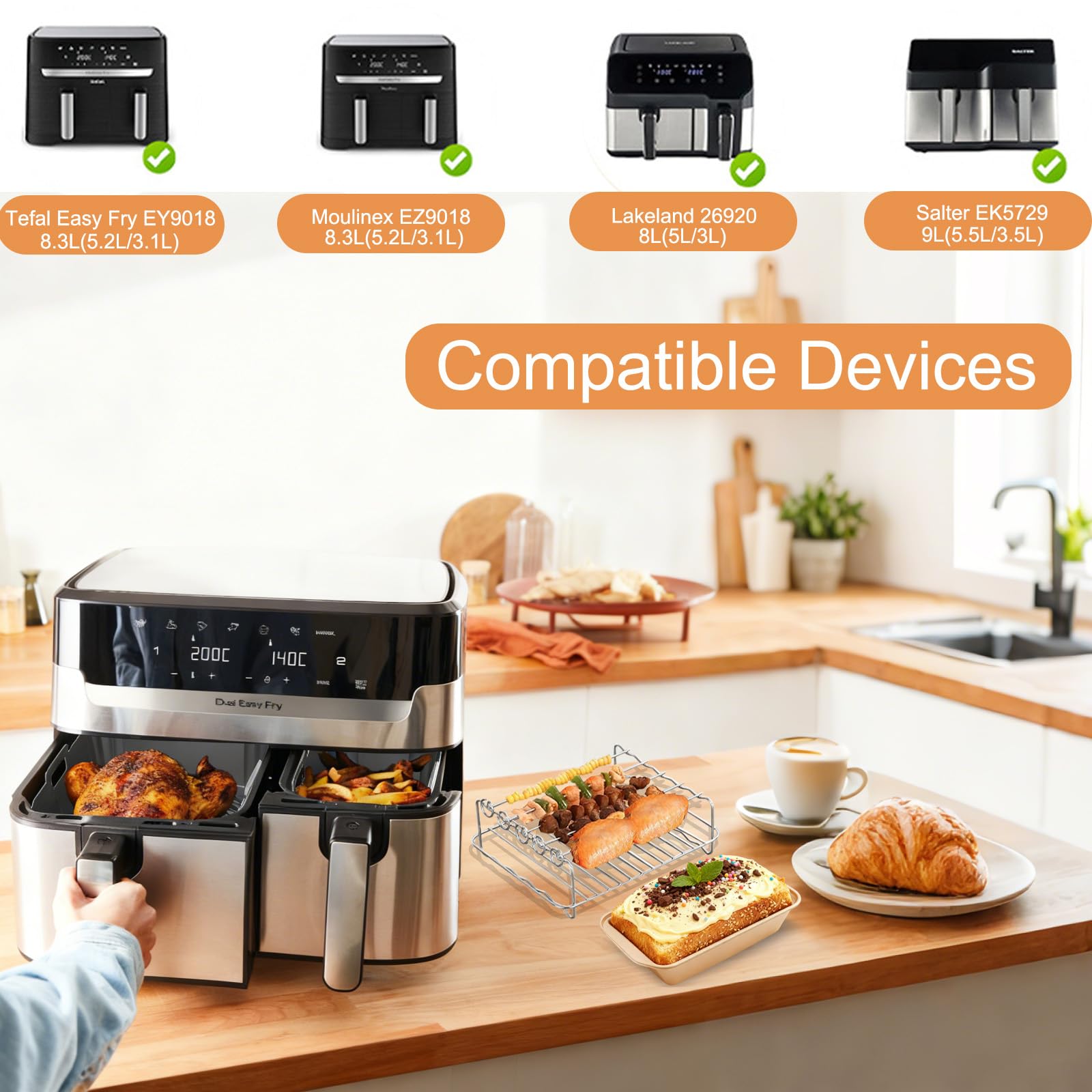 Accessoires Pour Air Fryer Moulinex Easy Fry Dual 8,3L(5,2/3,1L), 17 Pcs Avec Friteuse À Air Moule en Silicone, Grille Racks, Moule Cake, Moule à Pain Pour Moulinex - EZ901820