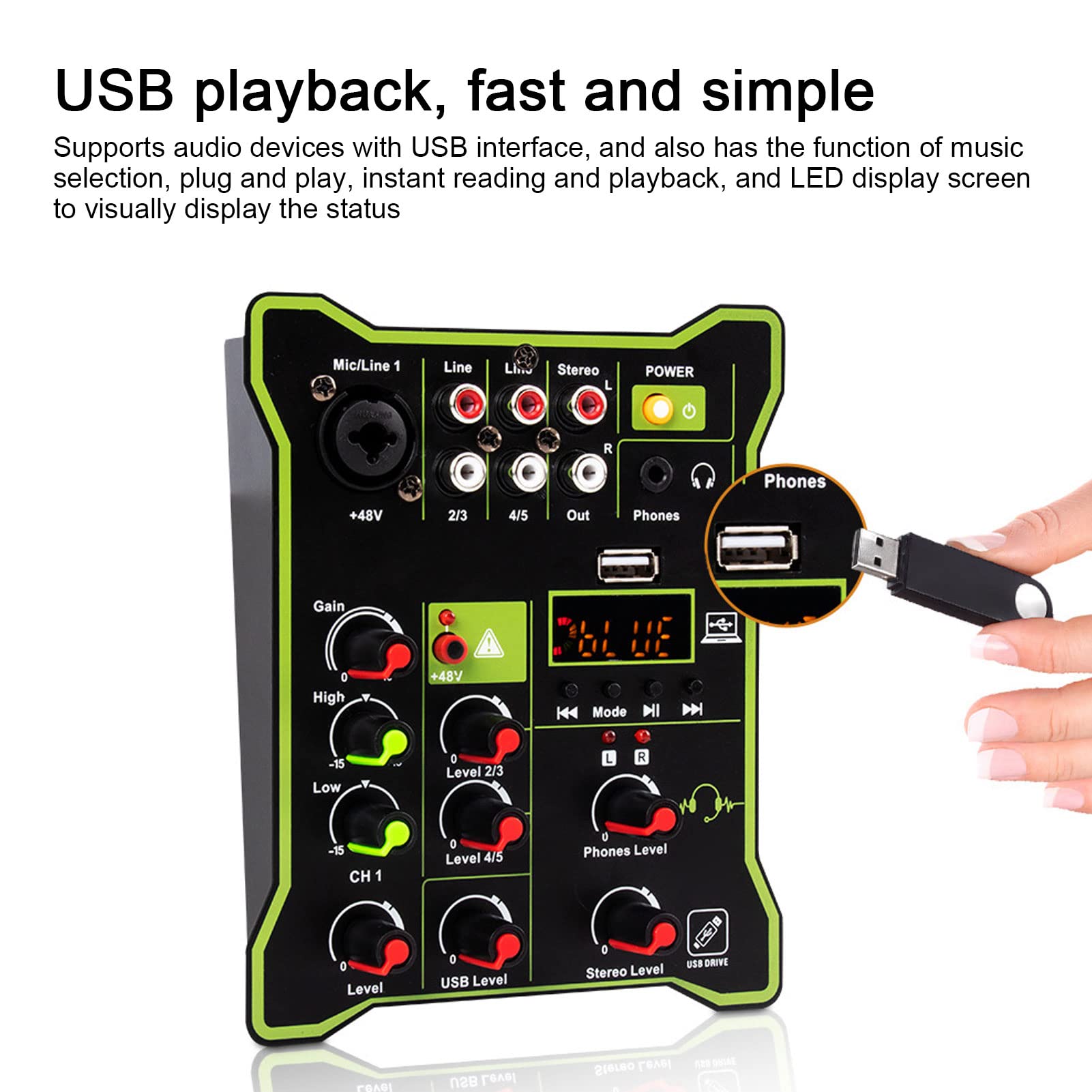 Drfeify Mezclador Portátil de 5 Canales con USB, Chip Digital Effect, Adecuado para DJ y Grabación de Estudio en el Hogar