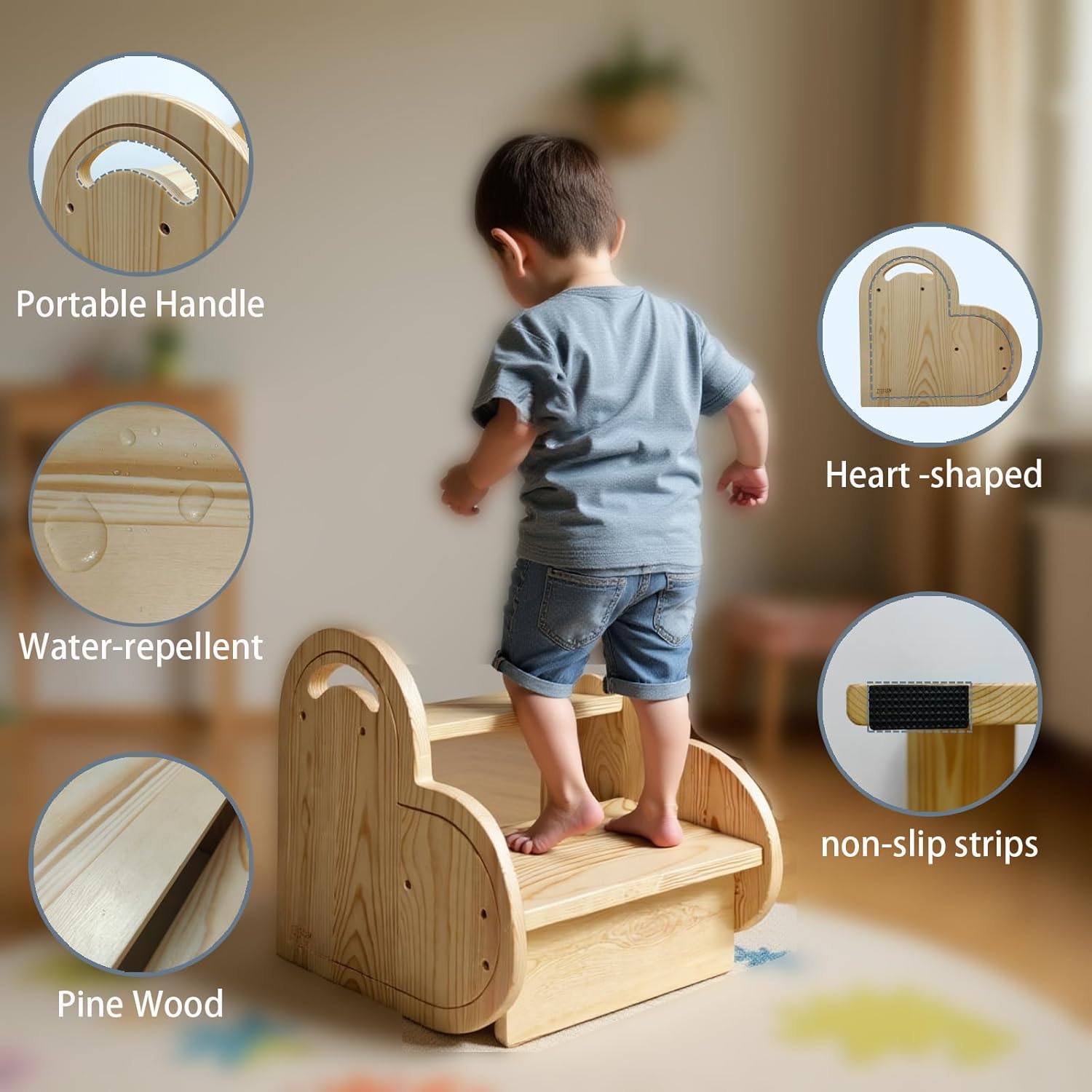Wooden Stool with 2 Steps for Bedroom Kitchen High Shelves, Small Step Stool with Non-Slip Pads for Toddler Toilet Potty Training, Bathroom Sink, Step Ladder for Adults and Kids