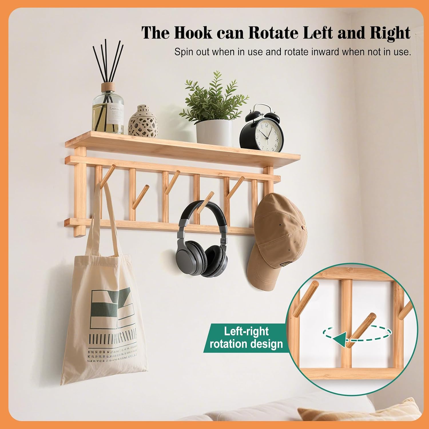Key Holder for Wall Wall-Mounted Key Holder with Shelf 6 Rotating Key Hooks for Rustic Entrances Hallway/Living Room/Bedroom/Kitchen (Bamboo)
