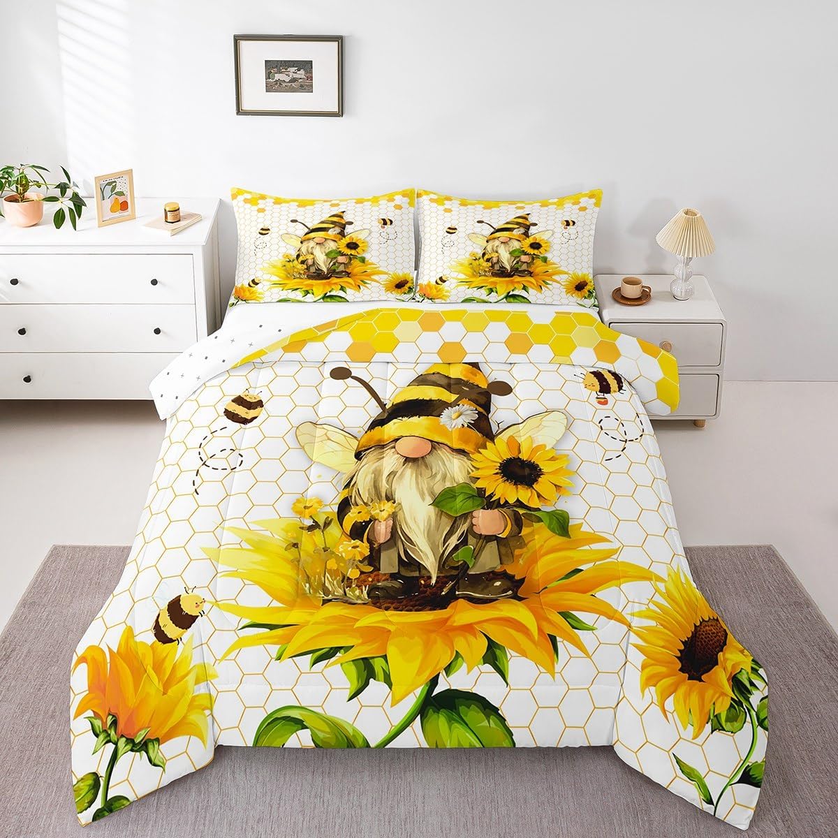 Feelyou Boys Girls Honey Bee Duvet Insert Toddler Size, Honeycomb Comforter Set Sunflower Bedding Set Kids Teens Bedroom Decor 2Pcs