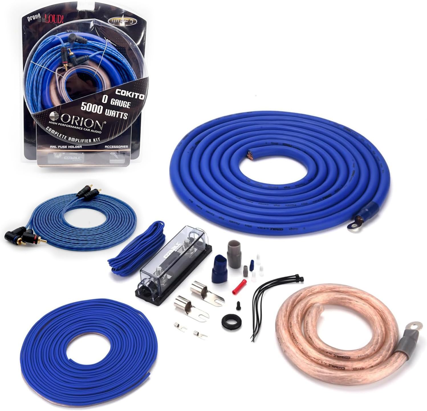 Orion Cobalt COKIT0 Complete Amp Wiring Kit | 0-Gauge Wire, 5000W, High Current Amplifier Wiring Kit, DIY Installation Cables, Includes Fuse Holder, Speaker Wire, RCA Cable