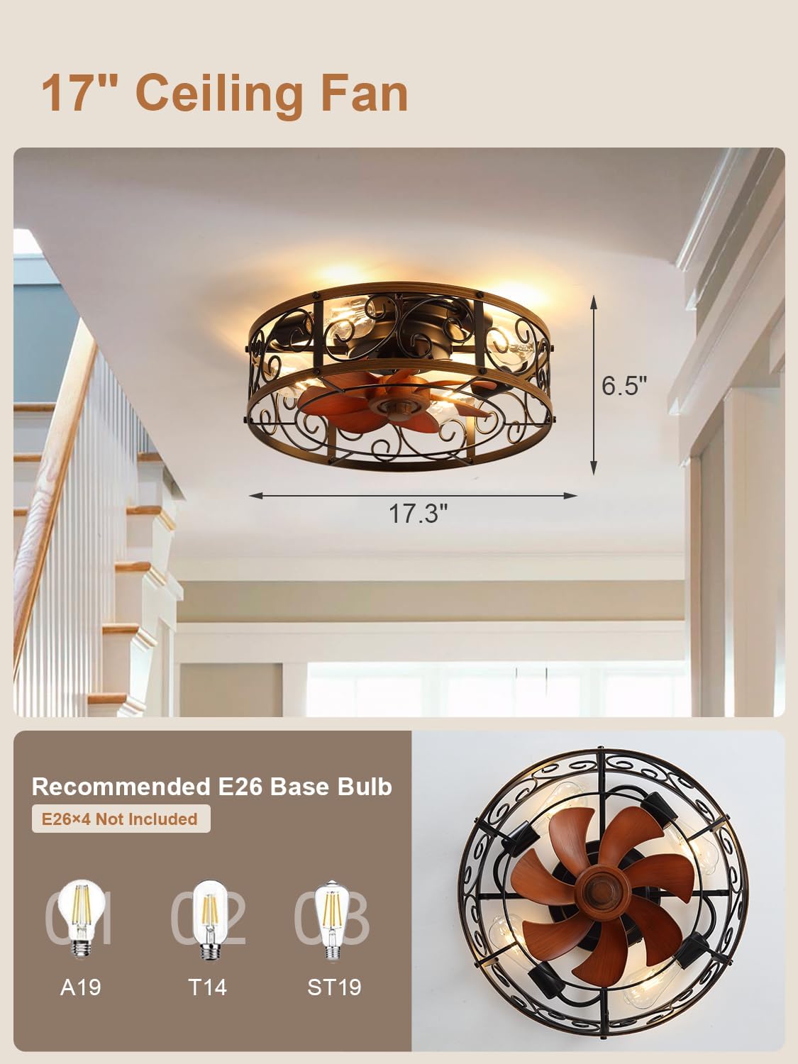 18 Inch Farmhouse Caged Ceiling Fan with Light, Rustic Style Flush Mount Low Profile Ceiling Fan for Kitchen, Bedroom
