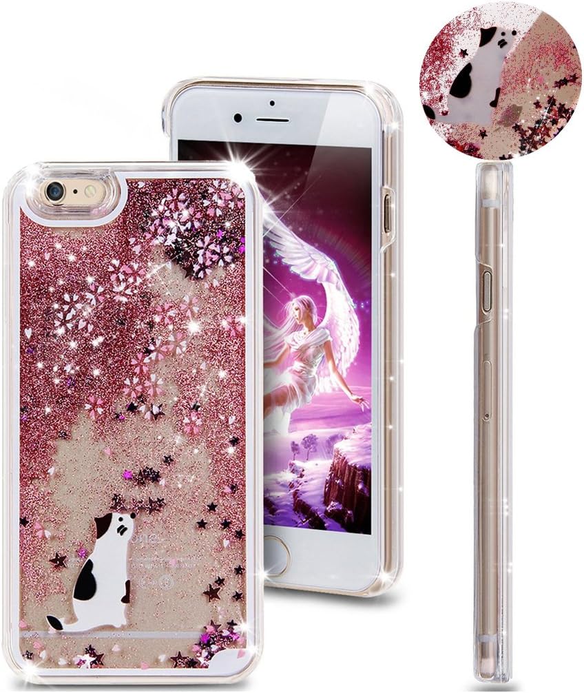 KaLaBan iPhone 6 Case,iPhone 6 3D Case,iPhone 6 Quicksand Case,Cases for iPhone 6, Glitter Case for iPhone 6, Shiny Dynamic Liquid Glitter Quicksand and Beautiful cherry Pattern Skin Case Transparent Plastic Hard Shell Protective Back Cover for iPhone 6 4.7 inch (Cherry Blossom and White Cat)