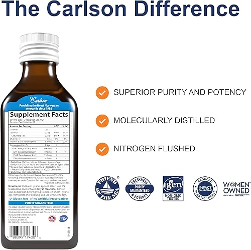 Miniatura 2 de Carlson El aceite de pescado The Very Finest para niños, 800 mg de omega-3, sabor Just Peachie, 6.8 fl oz - Aceite de pescado noruego líquido,