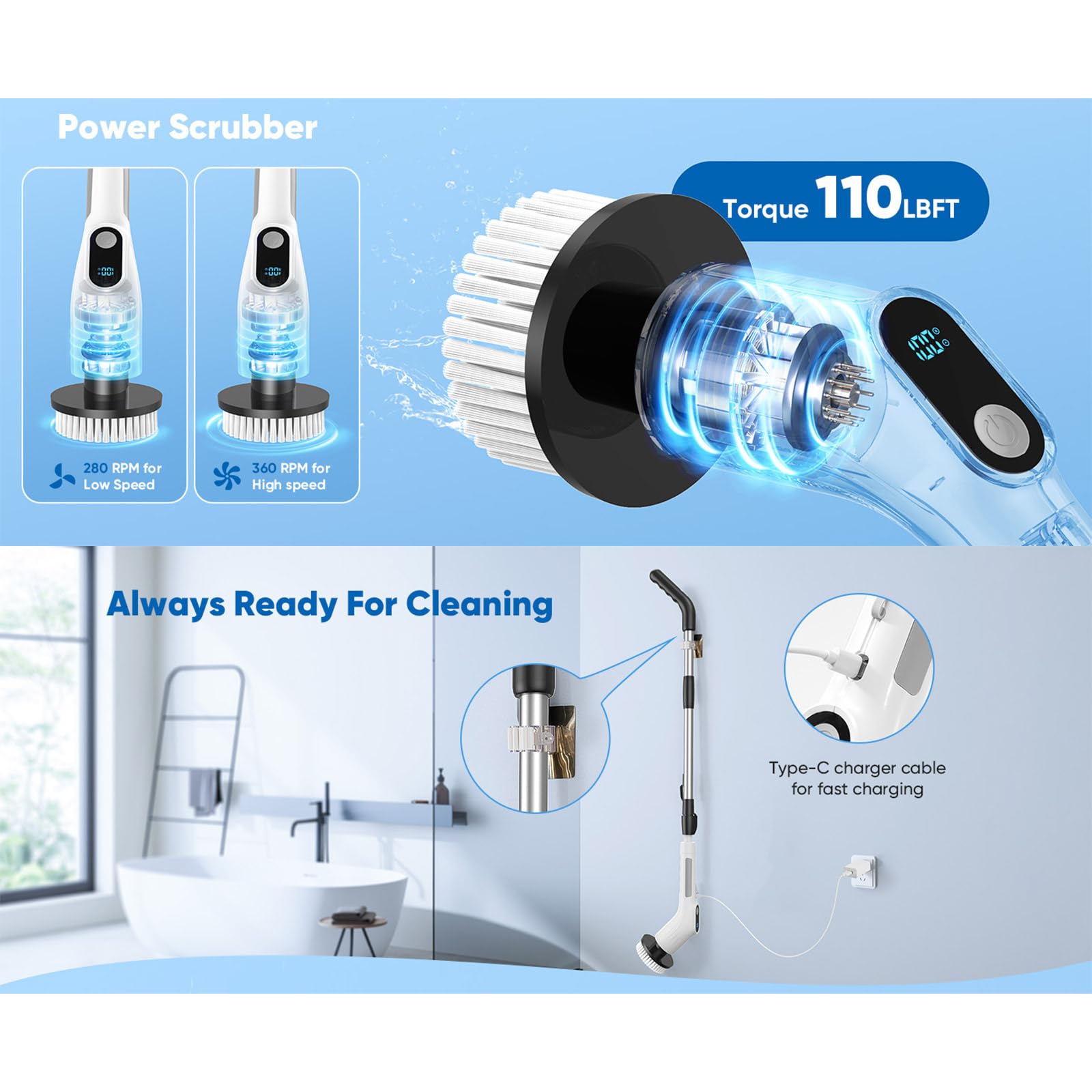 Strumento 8 allegati 2 modalità di velocità estensibile IPX7 per piastrelle domestiche Scrubber bagno cordless per e vasche da bagno