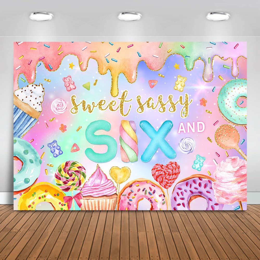Mocsicka Sweet Sassy and Six Birthday Backdrop Girls Sweet Candy Donut 6th Birthday Party Background Happy 6th Birthday Party Decorations Photo Booth Props (6th birthday, 7x5ft)
