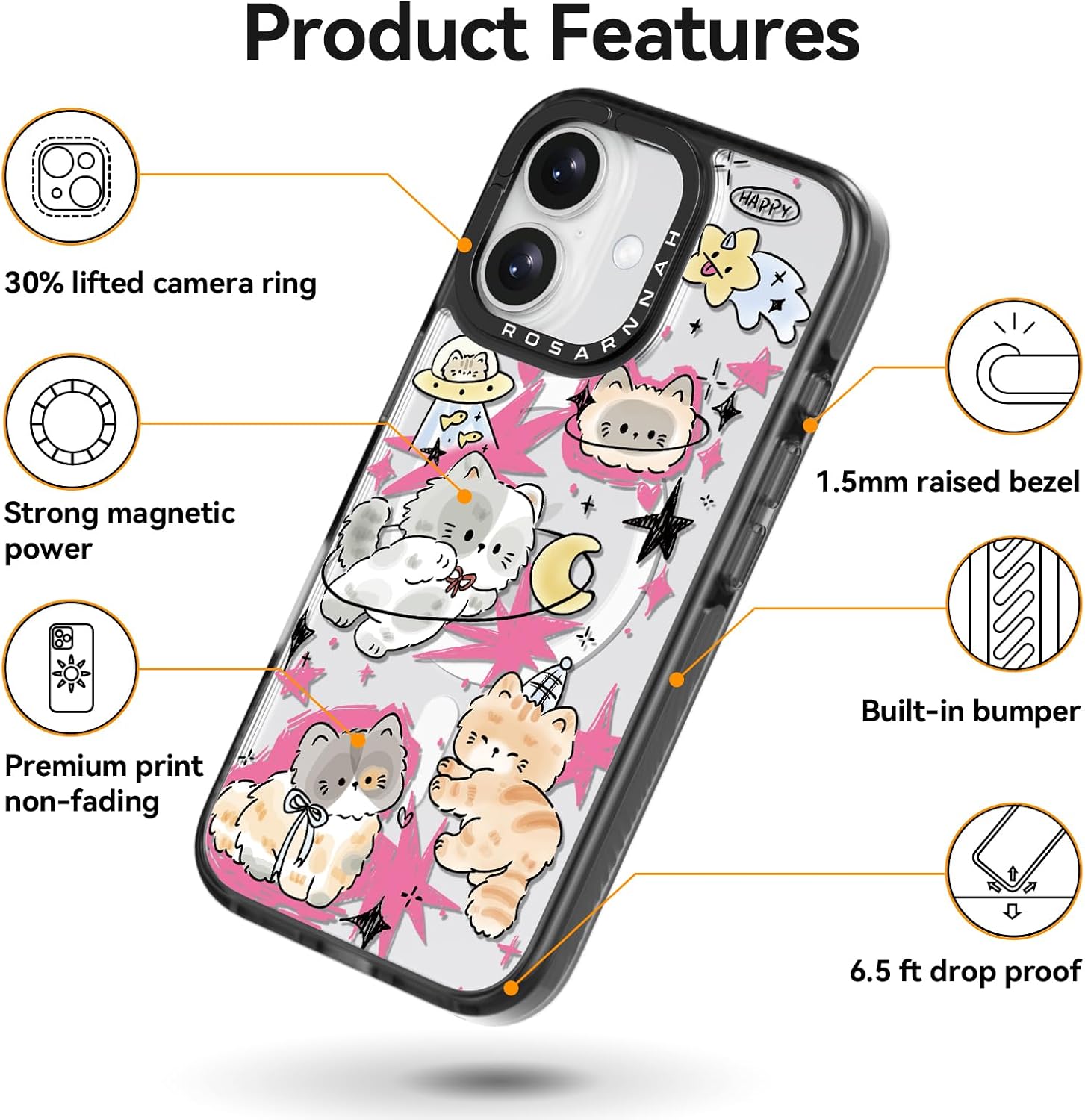 Magnetic for iPhone 16 Magsafe Case Cute - Durable Shockproof 6.6 ft Drop Impact Phone Case - Black Funny Space Kitty Design for iPhone 16 6.1"