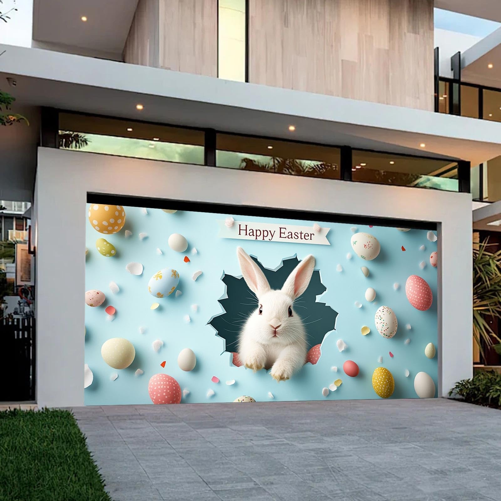 Striscione Di Pasqua 180x110 Cm Con Coniglietto E Uova Colorate - Sfondo In Tessuto Per Decorazioni E Foto