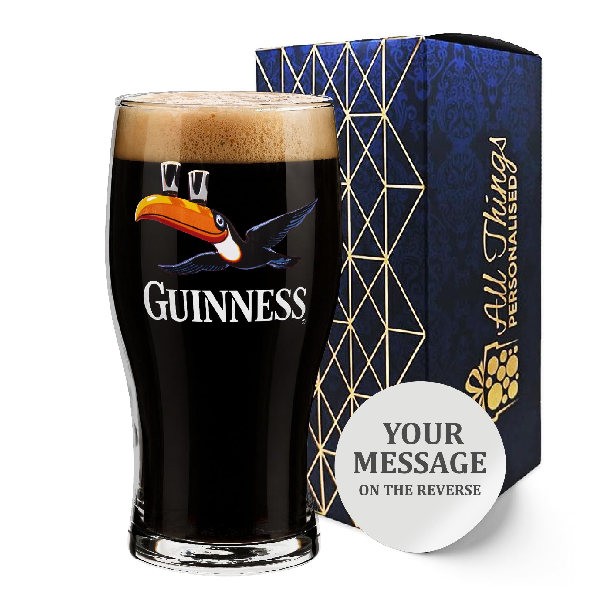 Official Toucan Guinness Pint Glass, Engraved with Any Message, Personalise for Any Occasion, Gift Boxed, Holds Up to 20oz/570ml
