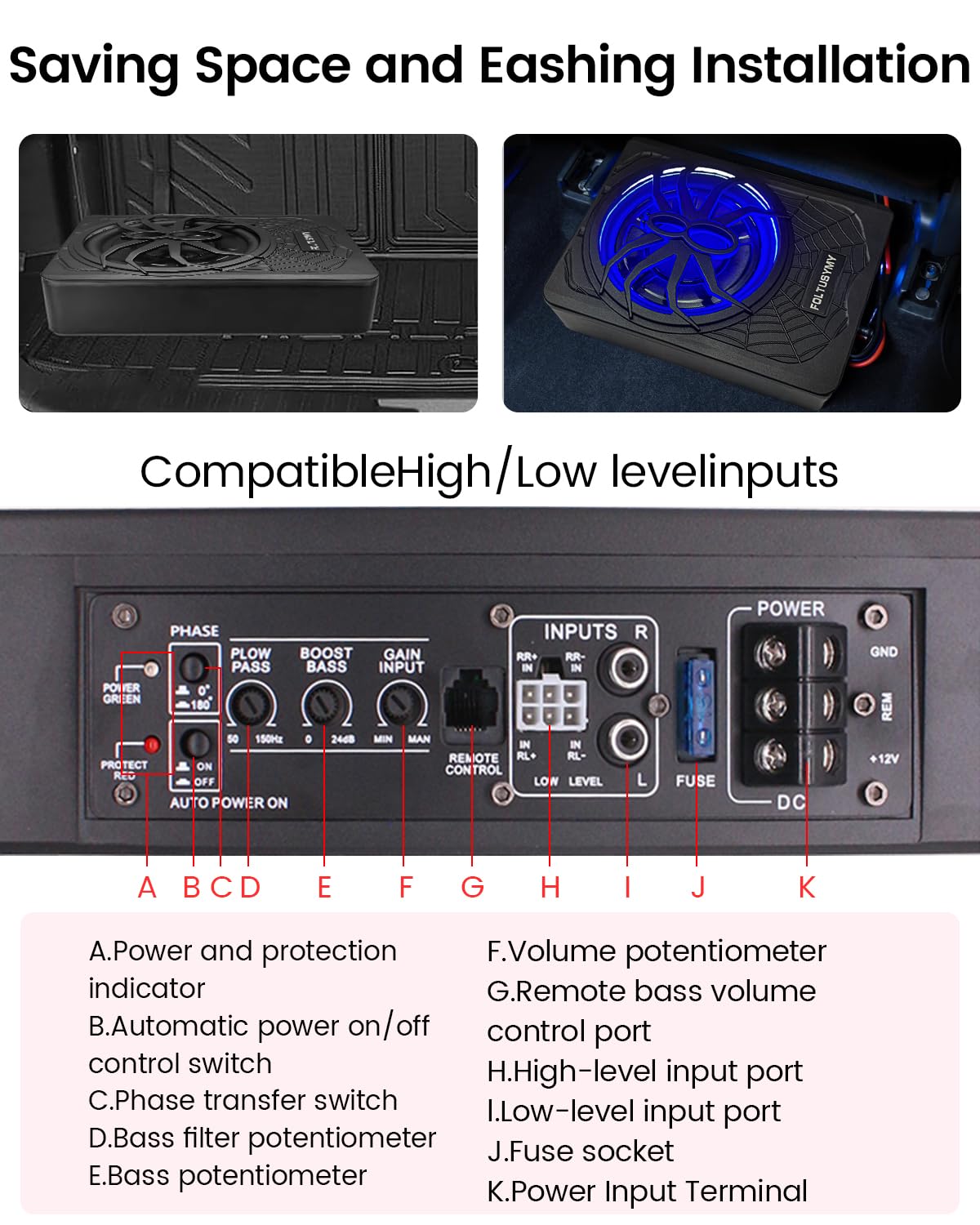 1200W 10" Slim Under Seat Powered Car Subwoofer, High/Low Level Input, Car/Truck Audio Sub Built-in Amplifier amp Combo Package, with Blue LED Light