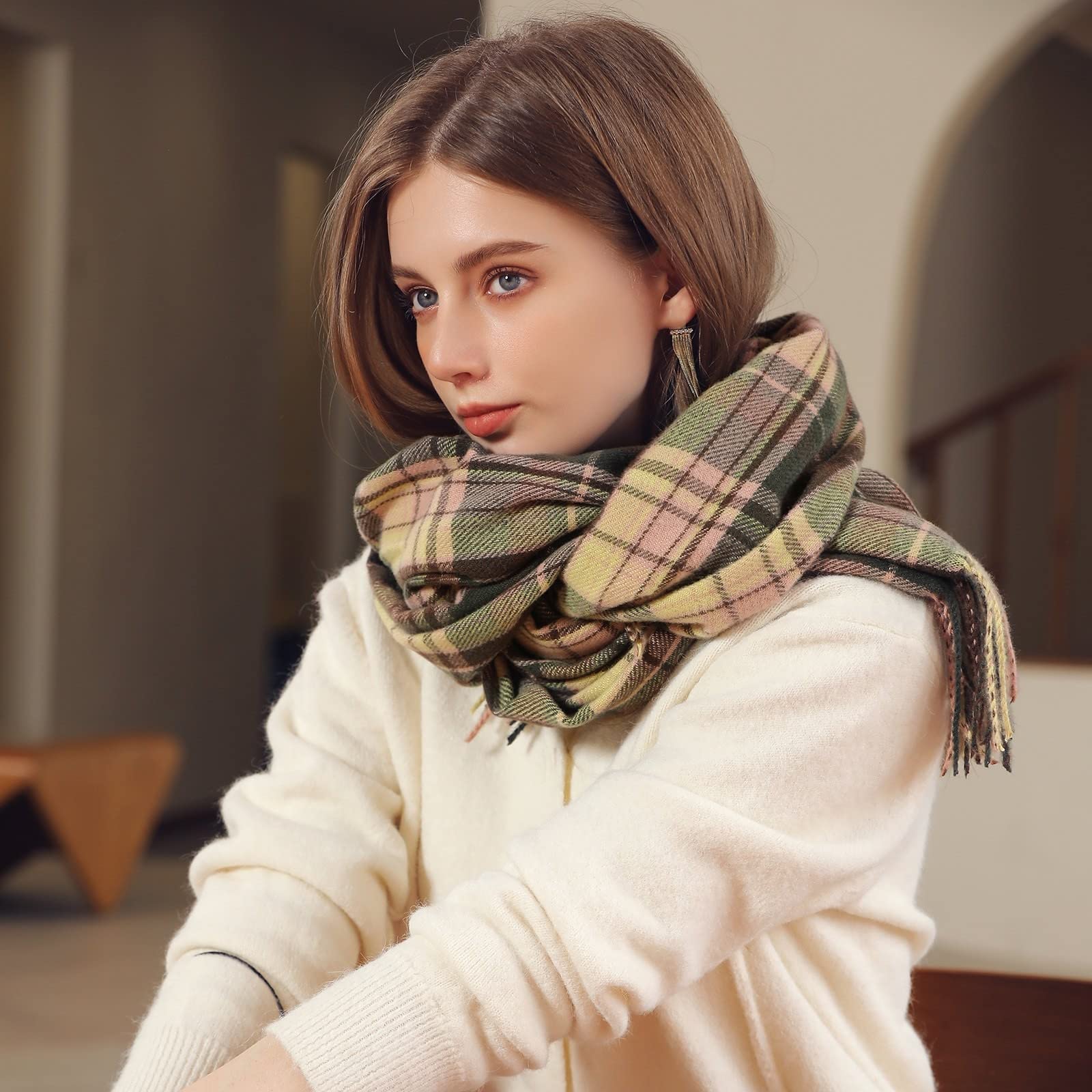 Bufanda de Cachemira Mujer Diseñador Cálido Pashmina Grande Cachemira Estola de Invierno Foulard Suave Mantón de Lana Ligera Elegante Bufanda a Cuadros (D TO)