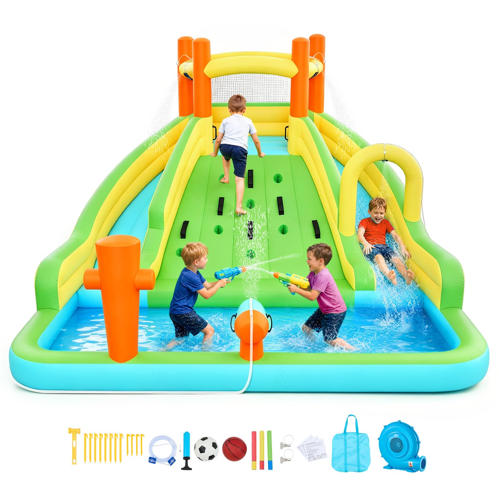 VEVOR Castillo Hinchable con Soplador 405 x 347 x 255 cm, Parque Infantil Inflable con 2 Toboganes Acuáticos, Piscina de Chapoteo, Muro de Escalada y Zona de Rebote para 3 a 4 Niños de 3 a 8 Años