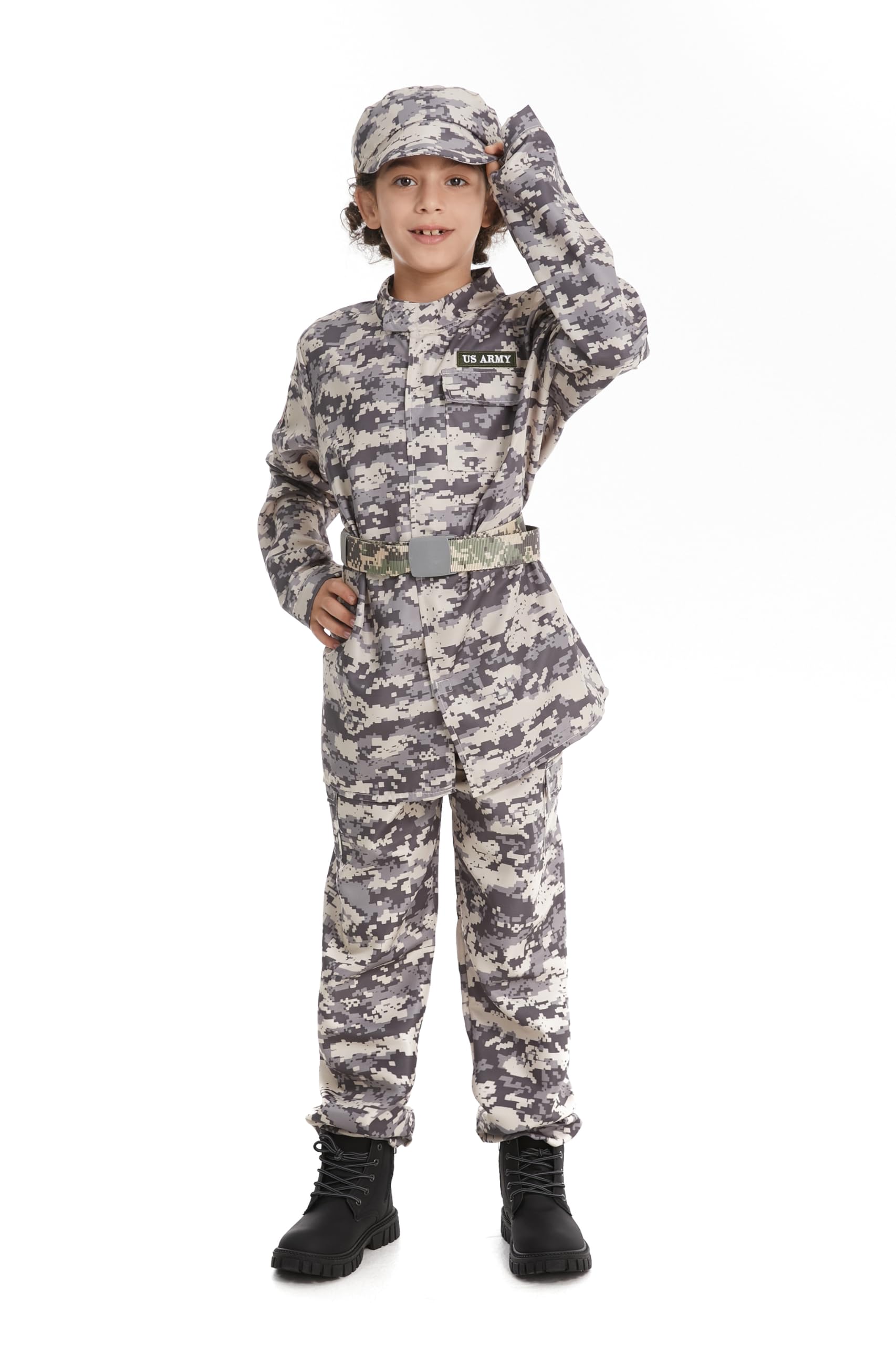 DELIVESS Kid Army Costume Deluxe Camo Soldier Costume Military Tactical Combat Uniform Set 4 Pcs (Grey Green, 4-6Y) - Image 2