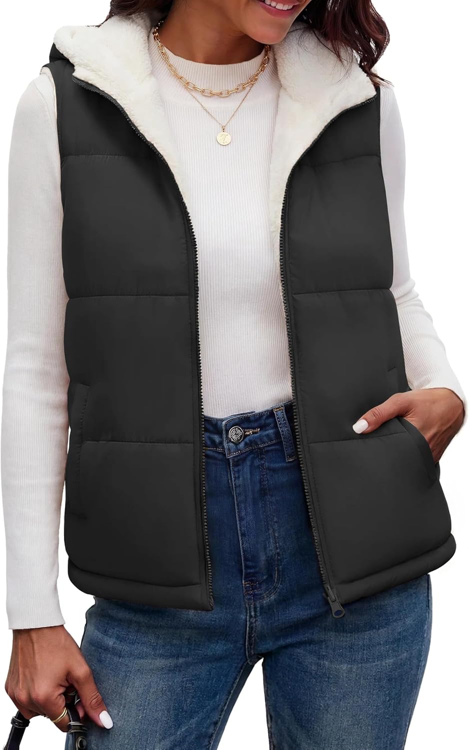 SMENG Women’s Puffer Vest Fleece Reversible Hooded Sleeveless Jacket Zip Up Warm Casul Winter Outerwear Pockets SMENG Women’s Puffer Vest Fleece Reversible Hooded Sleeveless Jacket Zip Up Warm Casul Winter Outerwear Pockets