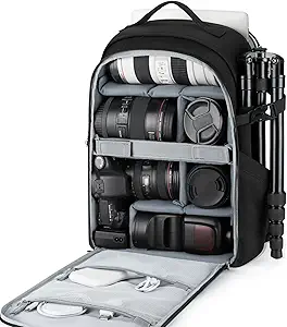 Camera Backpack,BAGSMART DSLR SLR Camera Bag Backpack Fits 15.6 Inch Laptop,Anti-Theft Waterproof Camera Case for Photographers,Men Women,with Rain Cover,Tripod Holder,Black