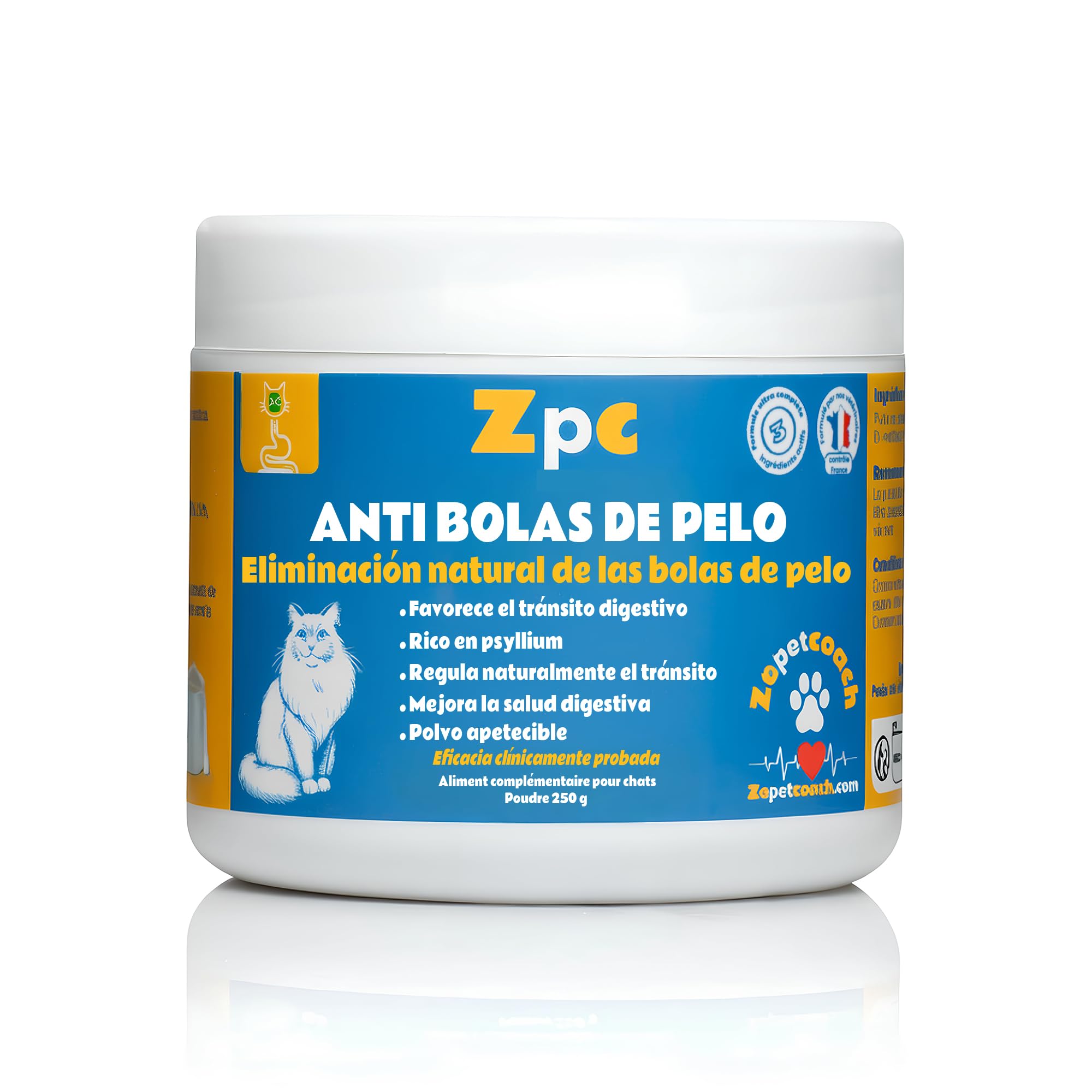 Anti-Bolas de Pelo Gato – ZPC – Complemento Natural para la Digestión y el Tránsito – Taurina, psyllium y achicoria – 250 g