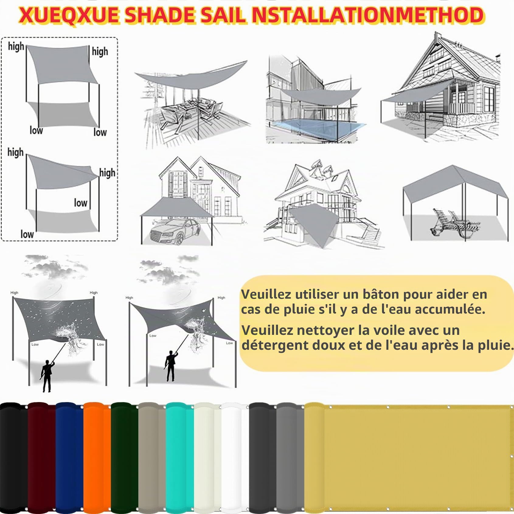 Voile D Ombrage Abri de Jardin 250 x 250 cm Imperméable Anti 98% UV Résistant Hydrofuge Toile Pergola Toile Ombrage pour Extérieur, Jardin, Terrasse, Couleur Crème