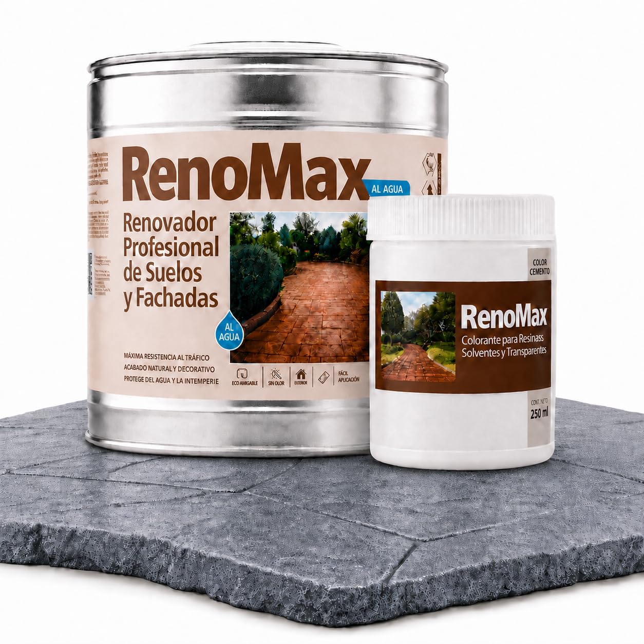Renomax - Resina Hormigon Impreso y Superficies Porosas Al Agua + Tinte Hormigon Impreso Color Cemento, 5L Cubre hasta 50m² | Repara y Protege Suelos,Fachadas | Fácil de Aplicar, Garantía 5 Años
